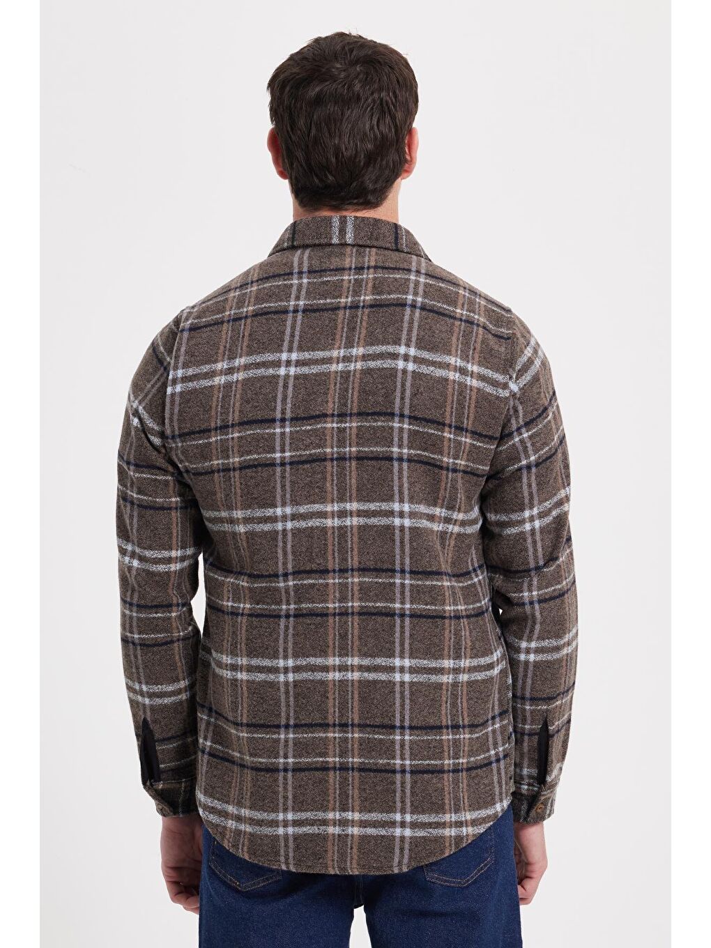 Kahverengi Erkek Slim Fit Dar Kesim Kareli Kışlık Oduncu Gömlek-5