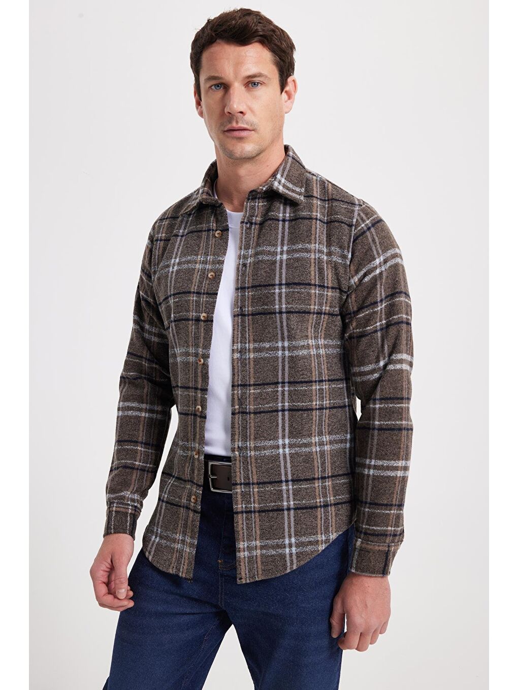 Kahverengi Erkek Slim Fit Dar Kesim Kareli Kışlık Oduncu Gömlek-6