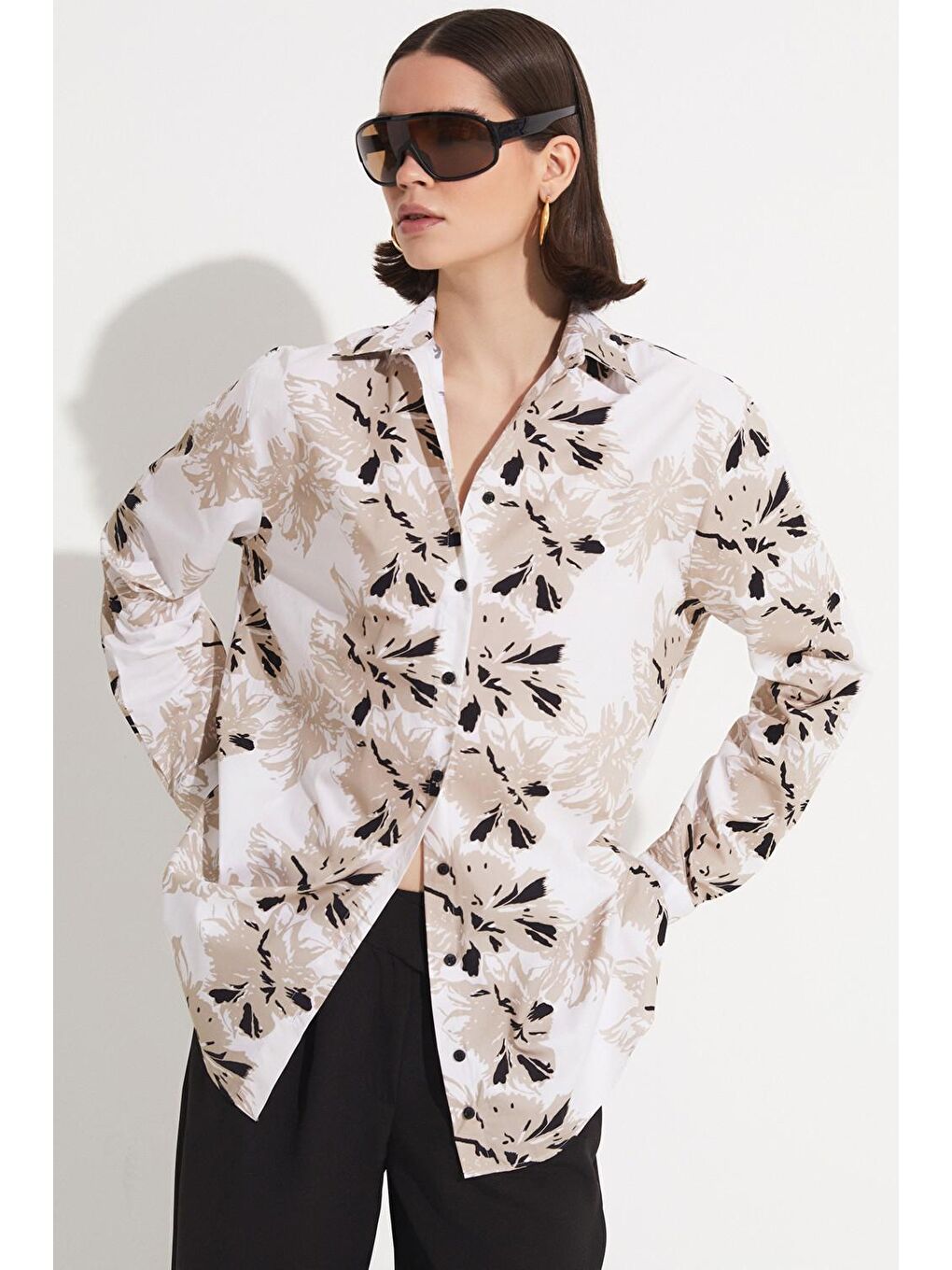 Bej Exclusive Desenli Pamuk Gömlek-4