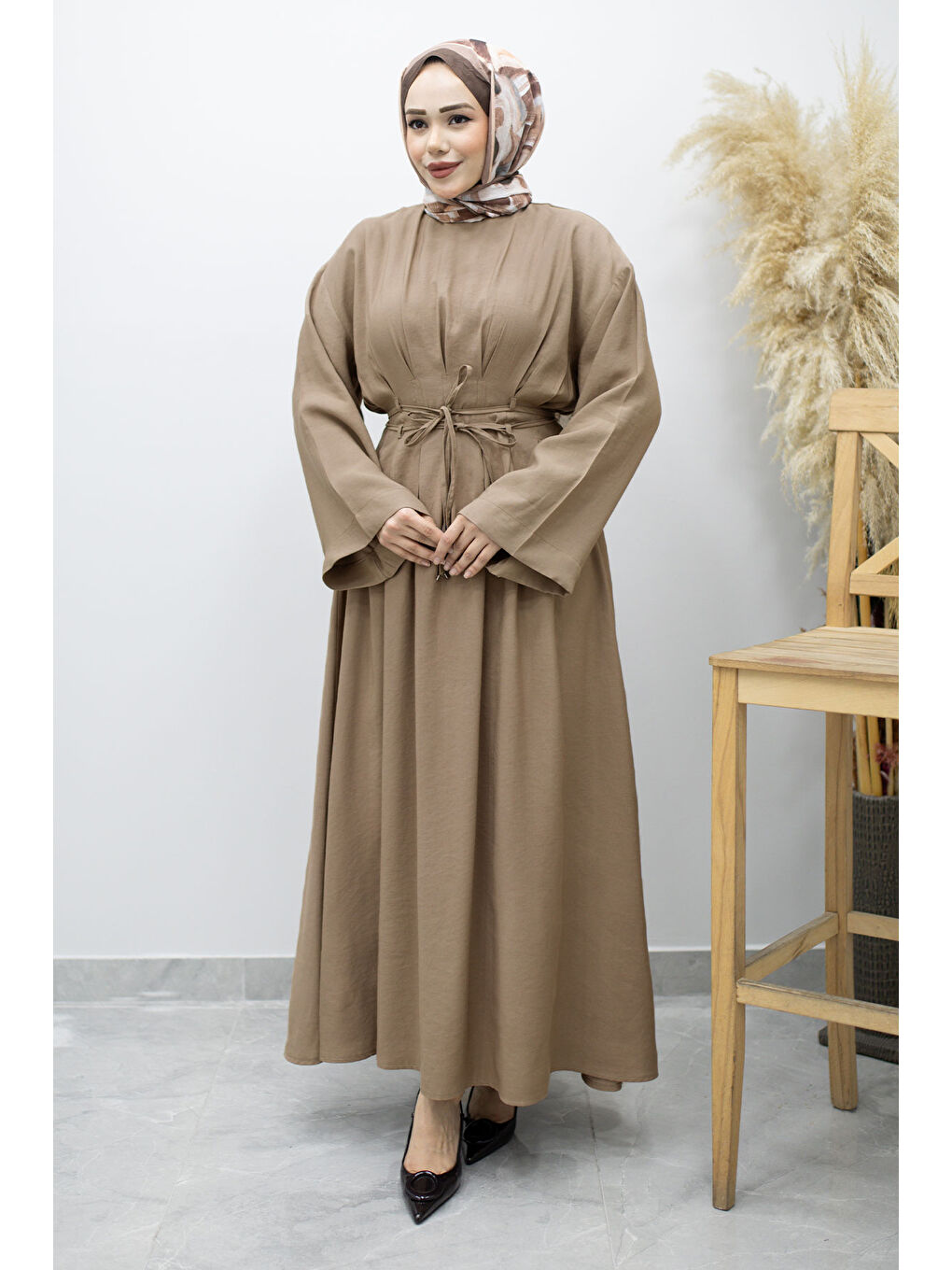 Bej Çift Bağlamalı Pensli Elbise TSD260185 Vizon-2