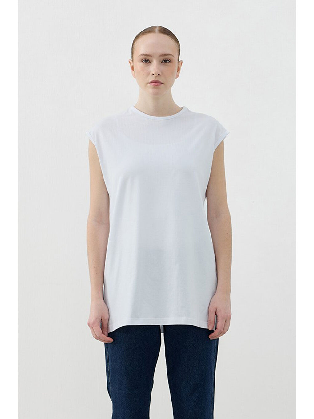 Sıfır Kol Basic Pamuklu Tişört 1810 Beyaz-1
