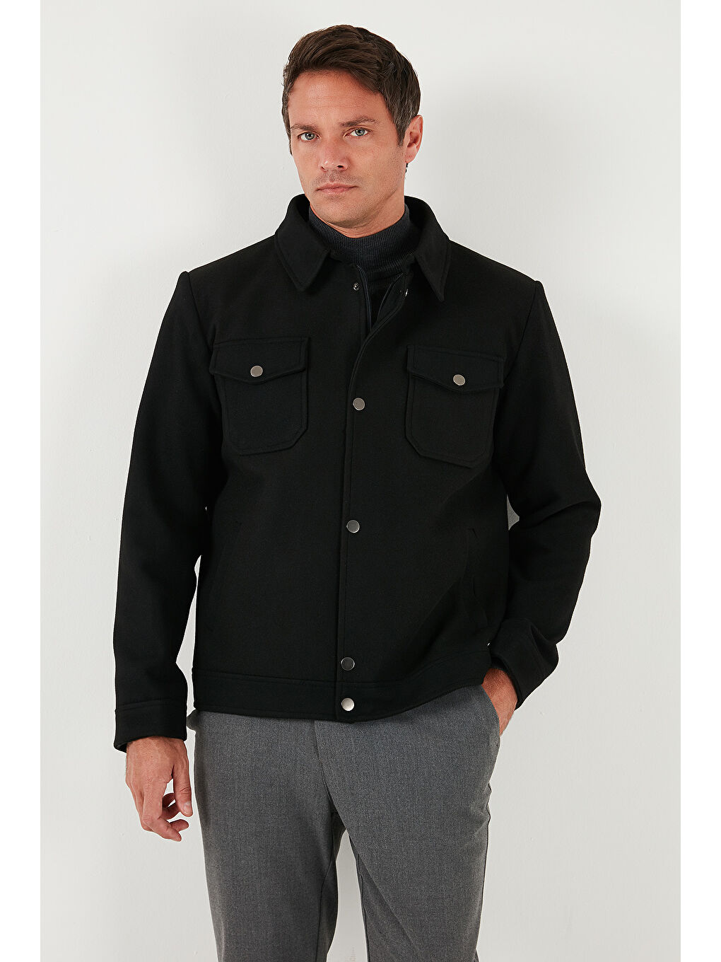 Siyah Slim Fit Ceket Yaka Astarlı Kaşe Kaban 58400347-1