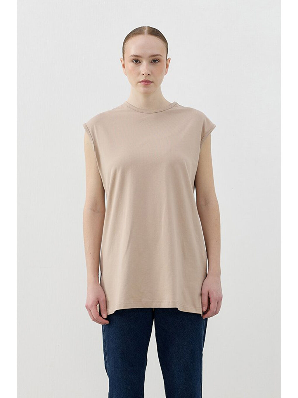 Bej Merwish Sıfır Kol Basic Pamuklu Tişört 1810 Vizon