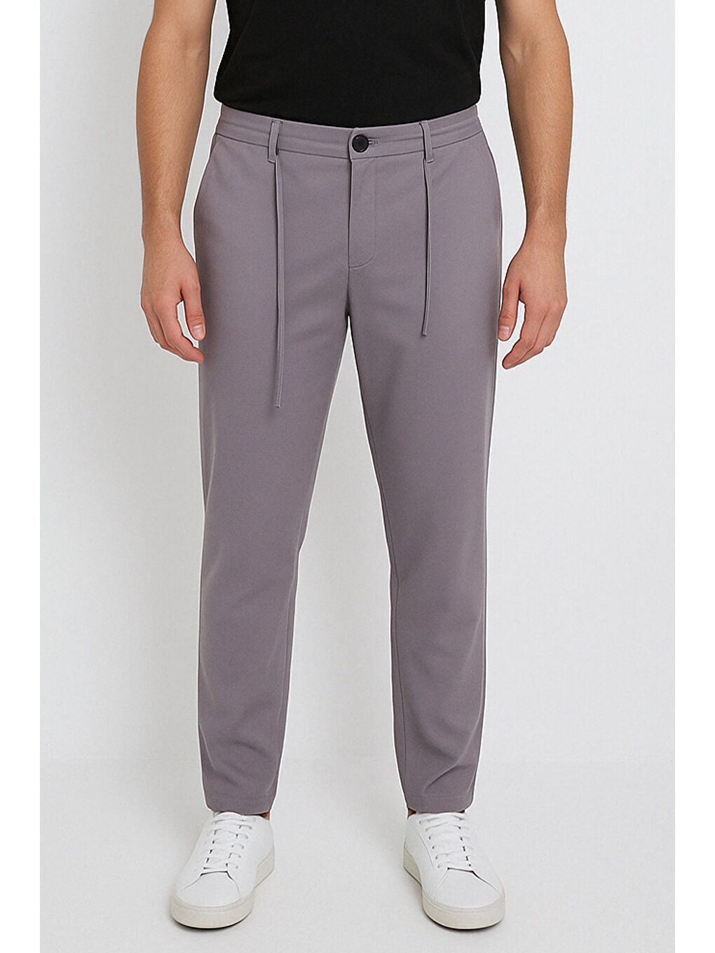 Gri Erkek Bel Bağcıklı Fermuarlı Düz Paça Jogger Pantolon