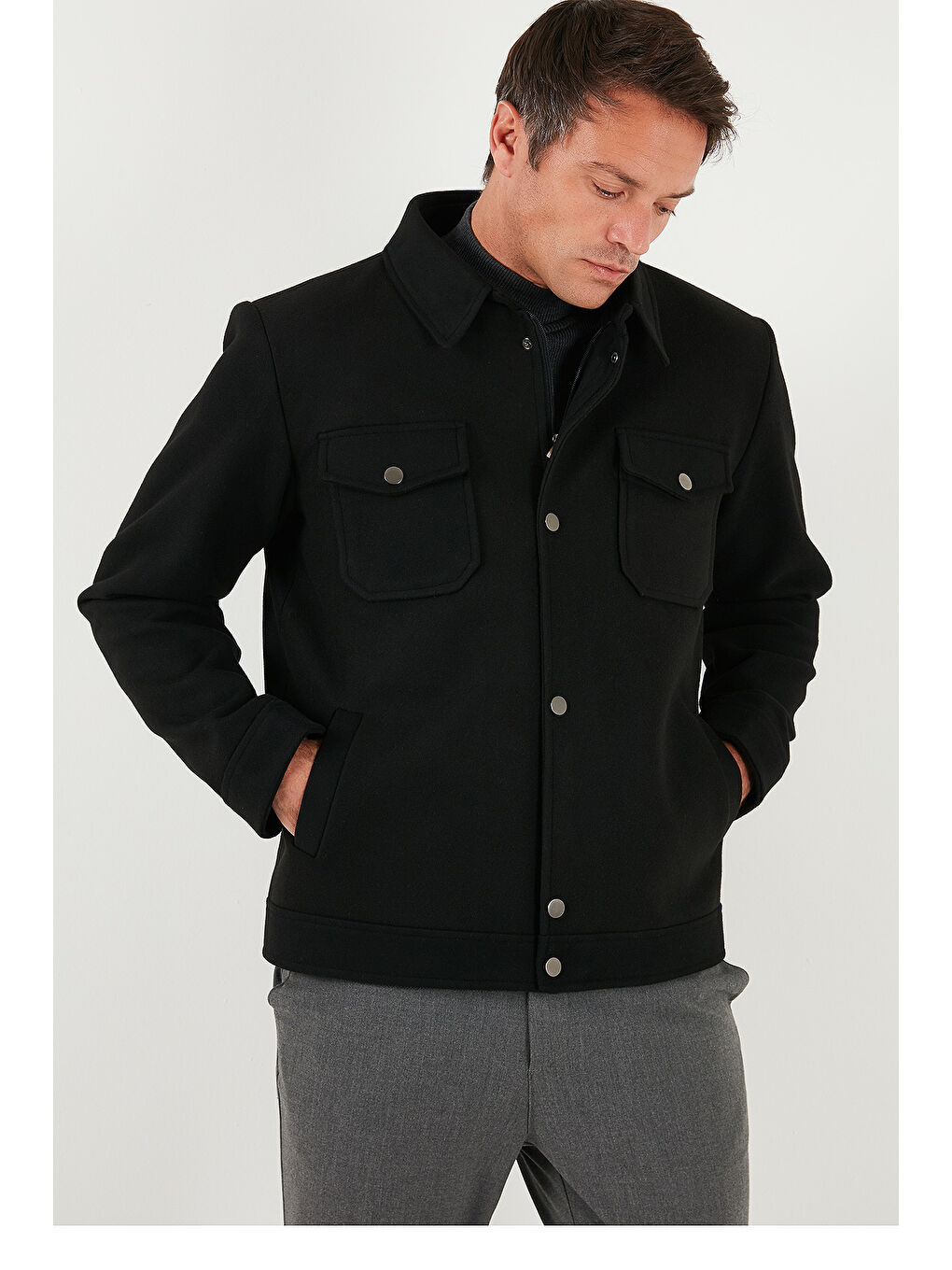 Siyah Slim Fit Ceket Yaka Astarlı Kaşe Kaban 58400347-2