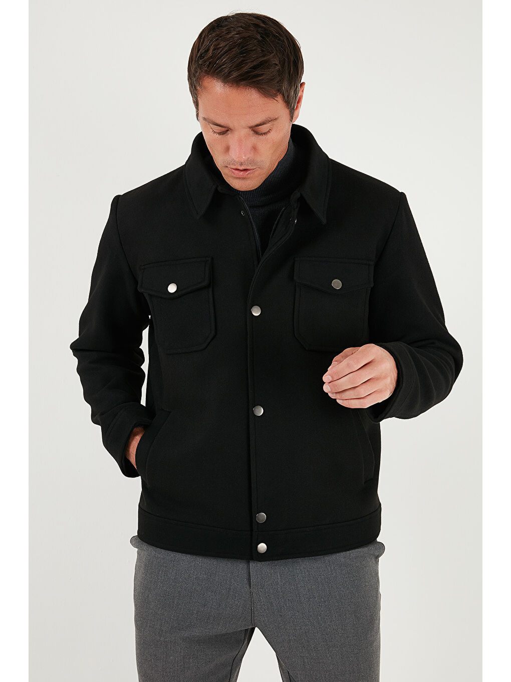 Siyah Slim Fit Ceket Yaka Astarlı Kaşe Kaban 58400347-3