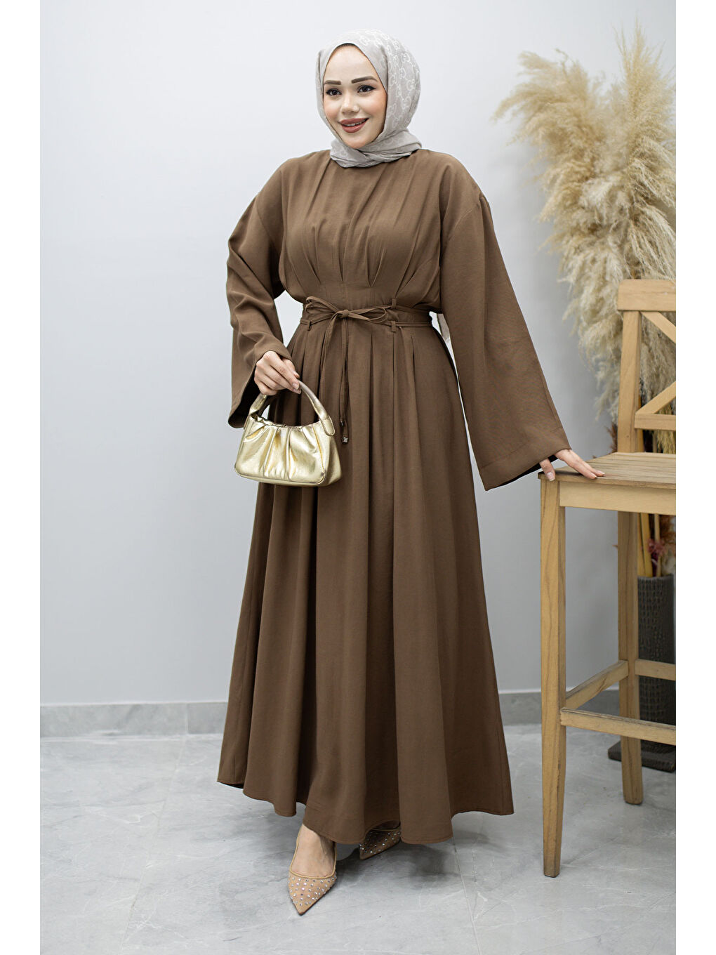 Çift Bağlamalı Pensli Elbise TSD260185 Kahverengi