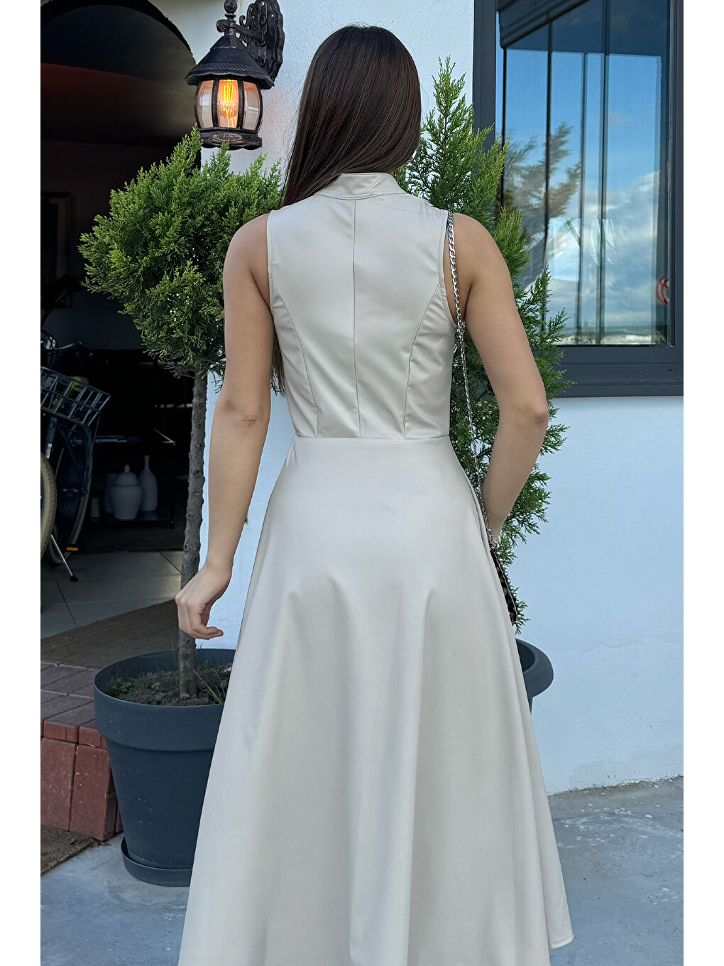 Bej Yarım Fermuarlı Suni Deri Elbise-3