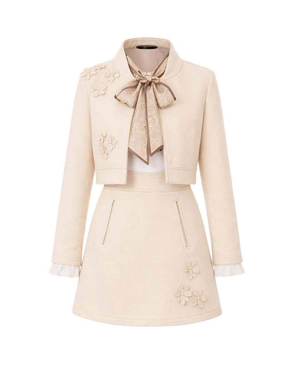Ekru Kız Çocuk Kristal Taş Düğmeli Şifon Gömlek Çiçek Desen İşlemeli Ceket Süet Krem Etekli Takım-3