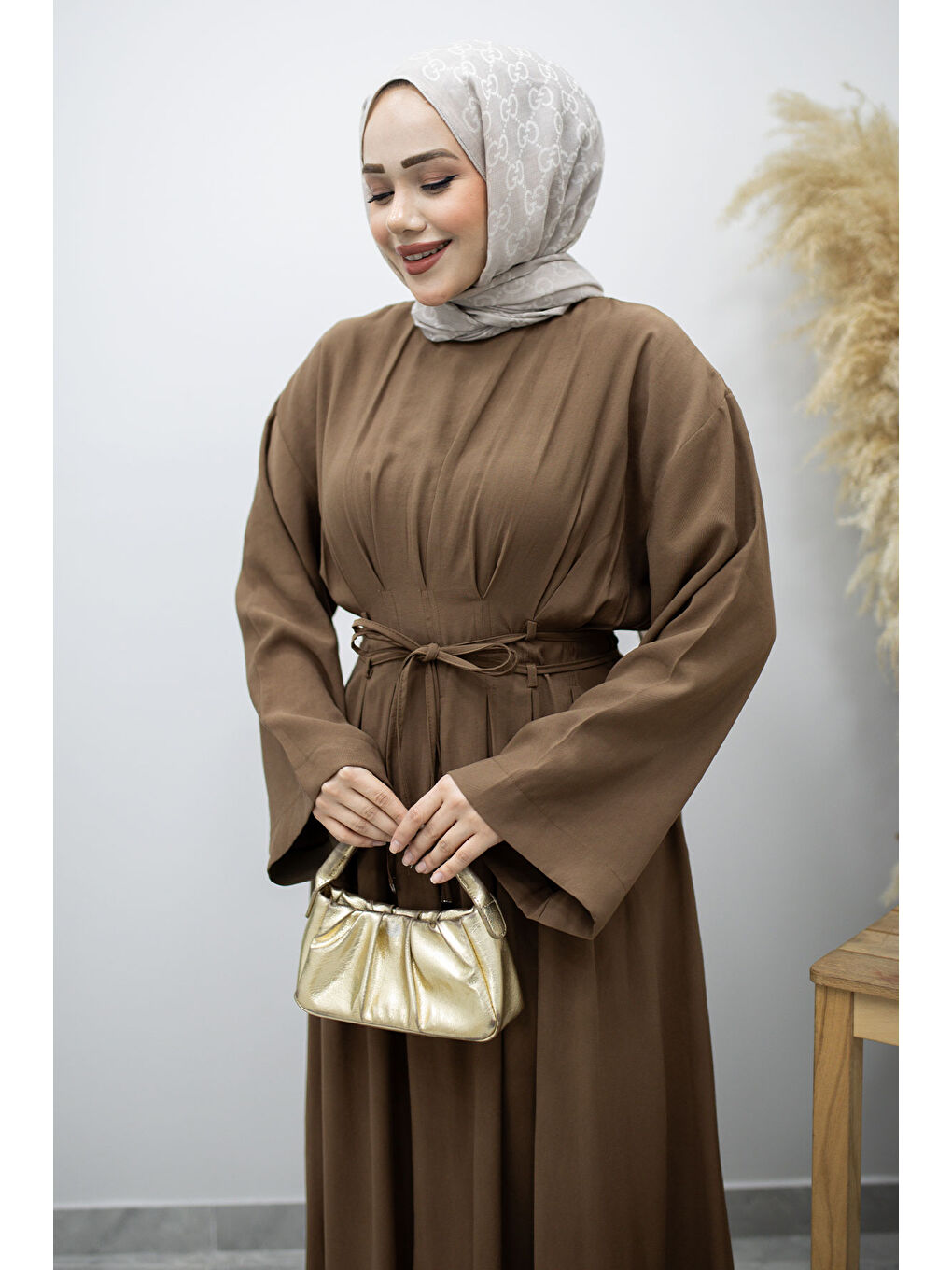 Çift Bağlamalı Pensli Elbise TSD260185 Kahverengi-1