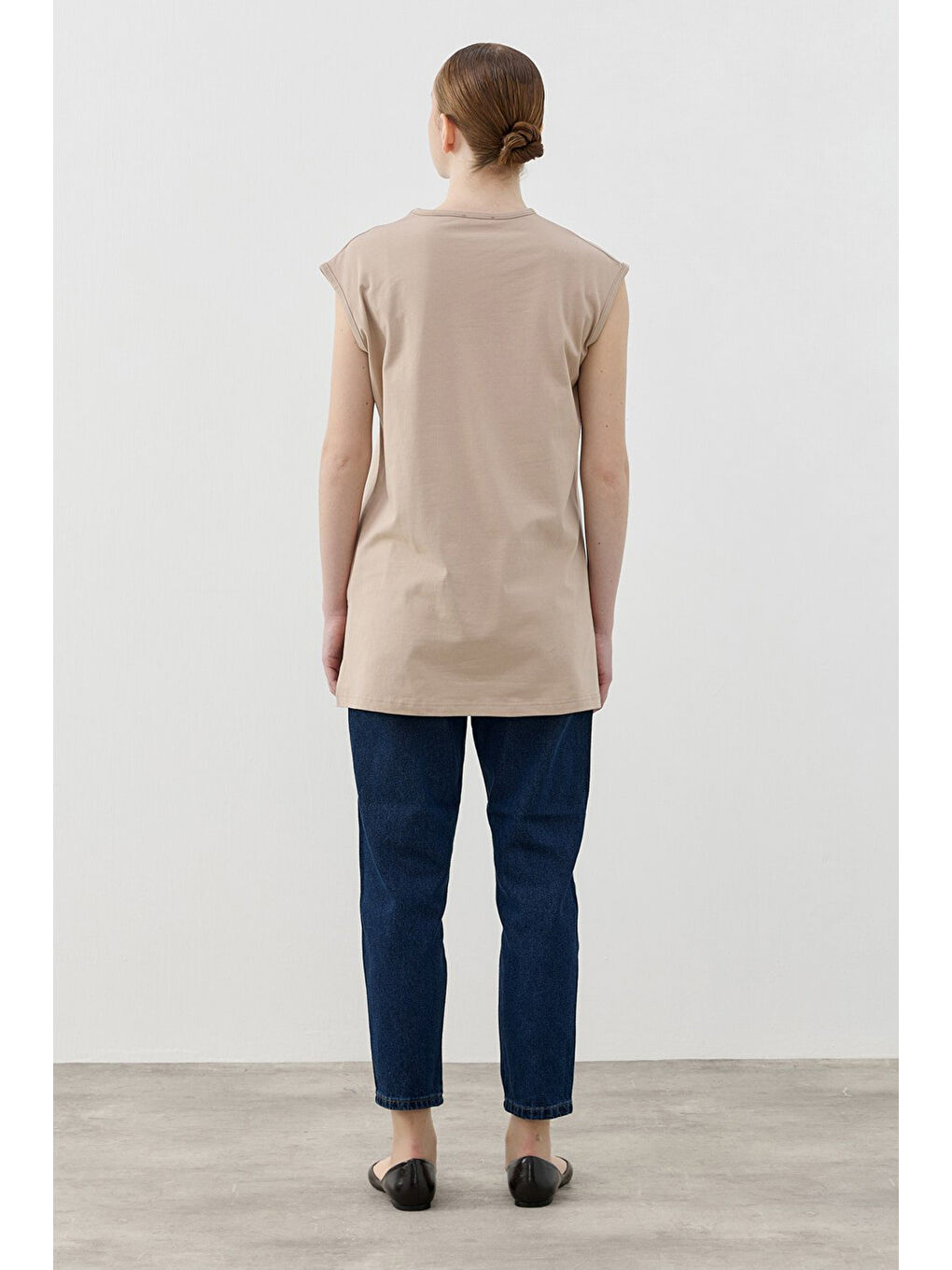 Bej Merwish Sıfır Kol Basic Pamuklu Tişört 1810 Vizon-2