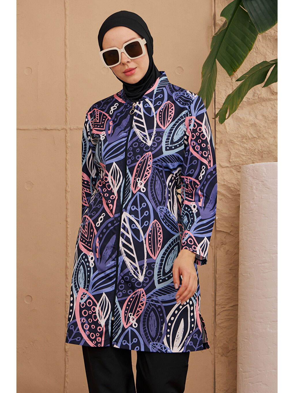 Paraşüt Tam Kapalı Tesettür Mayo Desenli Dokuma 2224-667 Siyah01