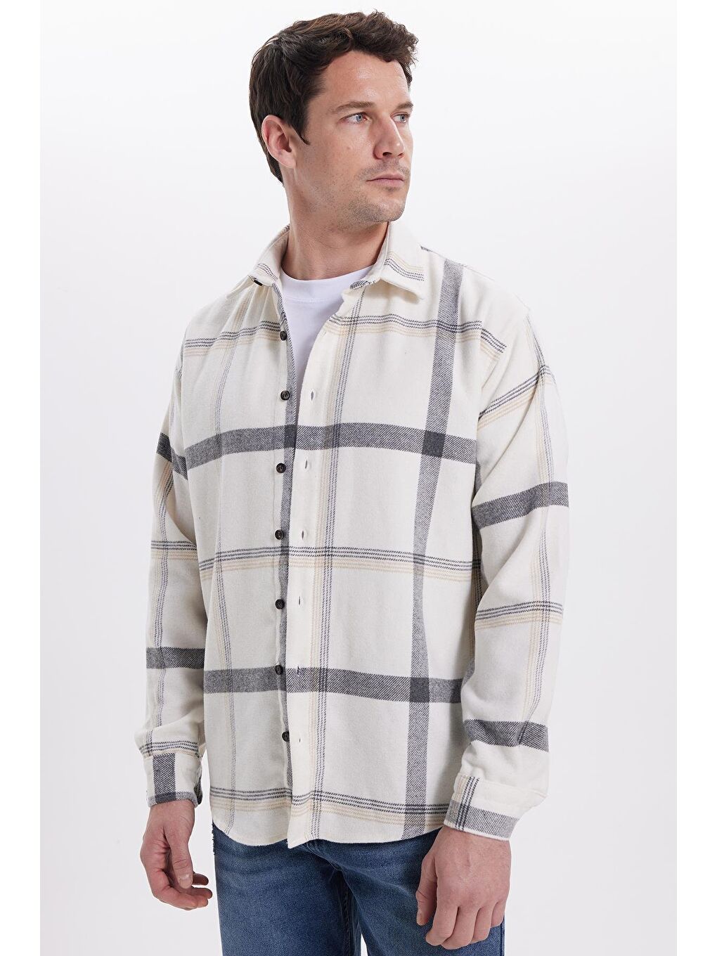 Ekru Erkek Relax Fit Rahat Kesim Kışlık Kareli Oduncu Gömlek