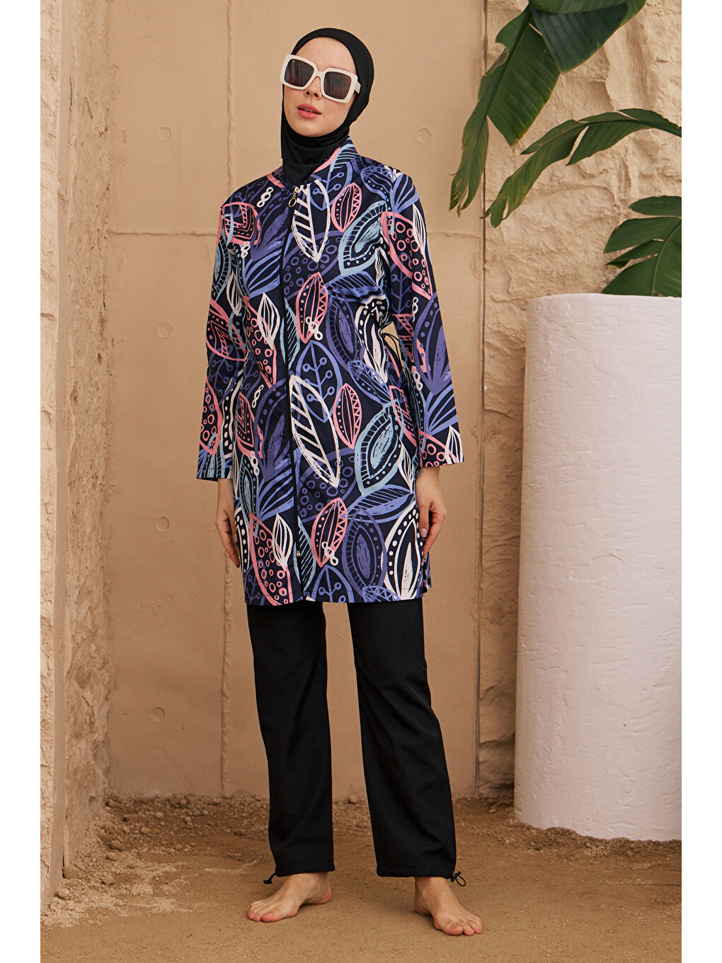 Paraşüt Tam Kapalı Tesettür Mayo Desenli Dokuma 2224-667 Siyah01-1