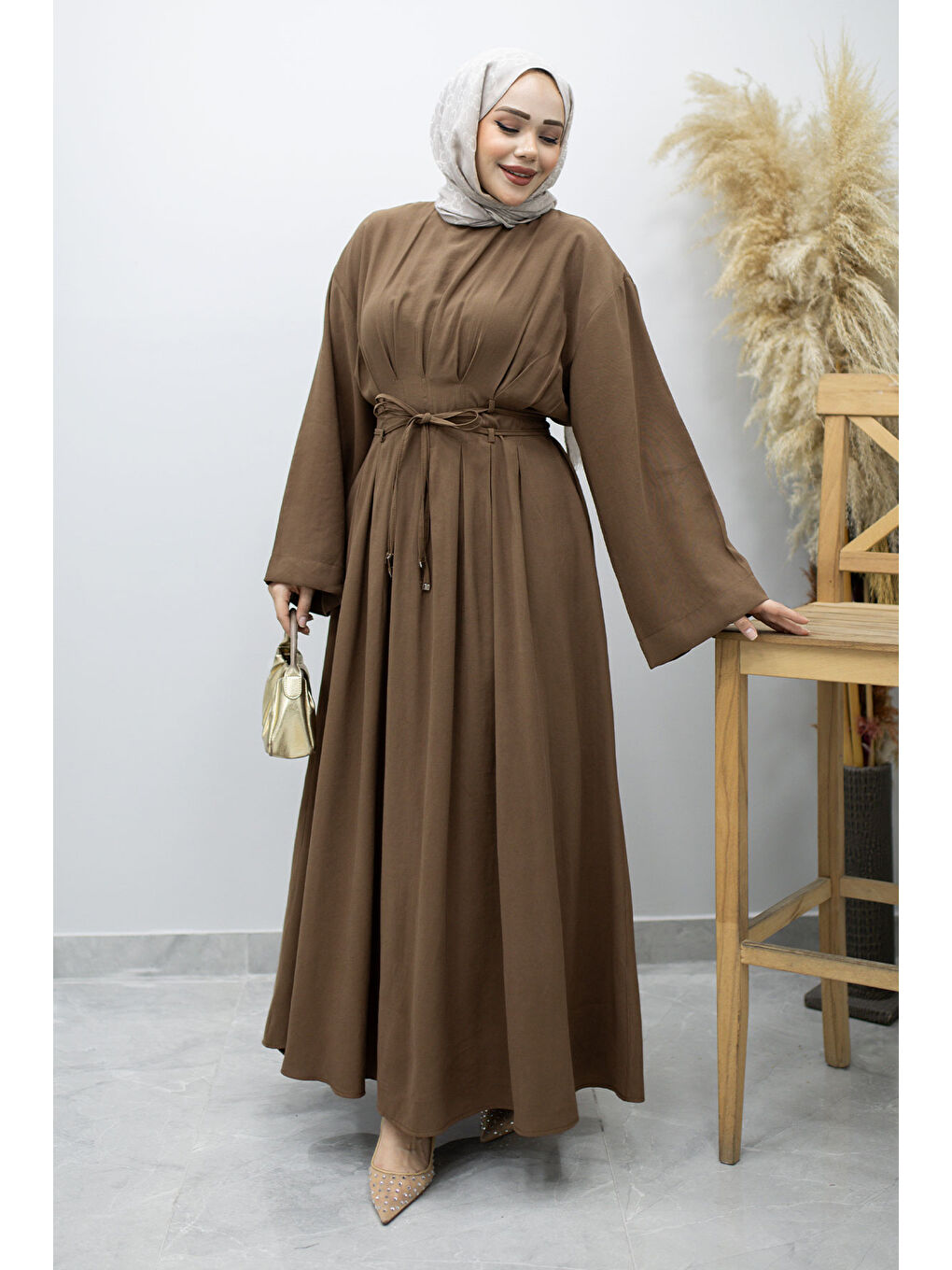 Çift Bağlamalı Pensli Elbise TSD260185 Kahverengi-2