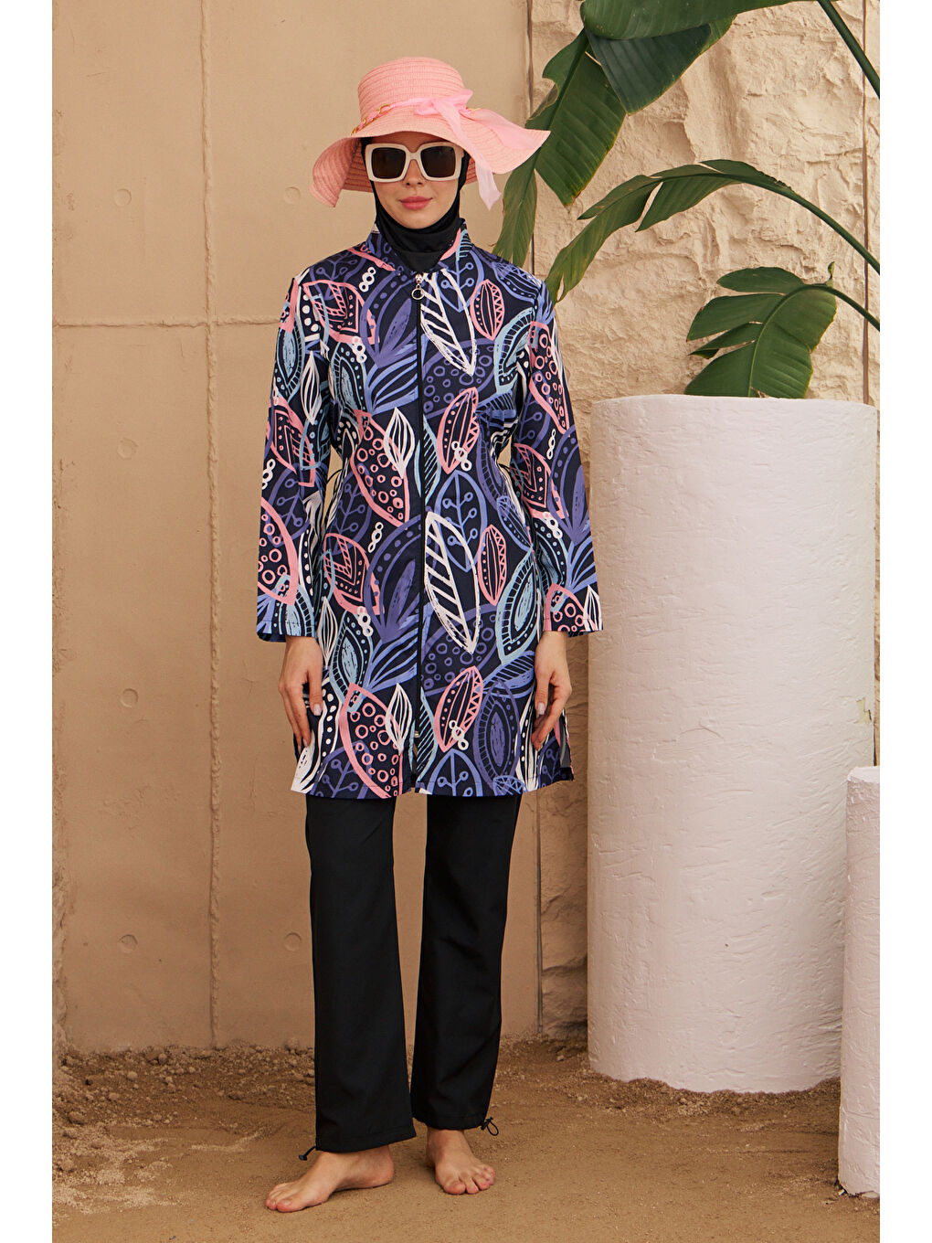 Paraşüt Tam Kapalı Tesettür Mayo Desenli Dokuma 2224-667 Siyah01-3