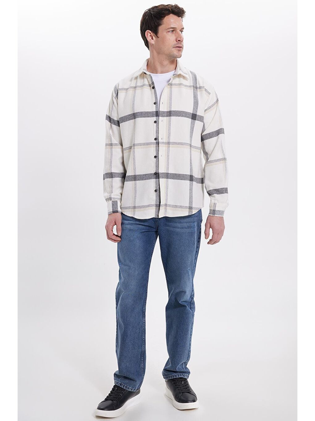 Ekru Erkek Relax Fit Rahat Kesim Kışlık Kareli Oduncu Gömlek-2