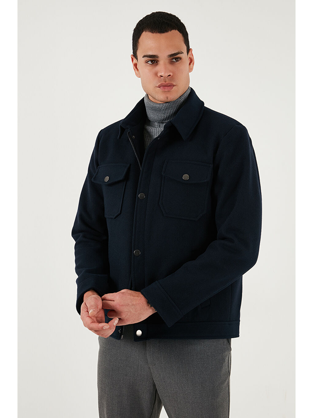 Lacivert Slim Fit Ceket Yaka Astarlı Kaşe Kaban 58400347-1