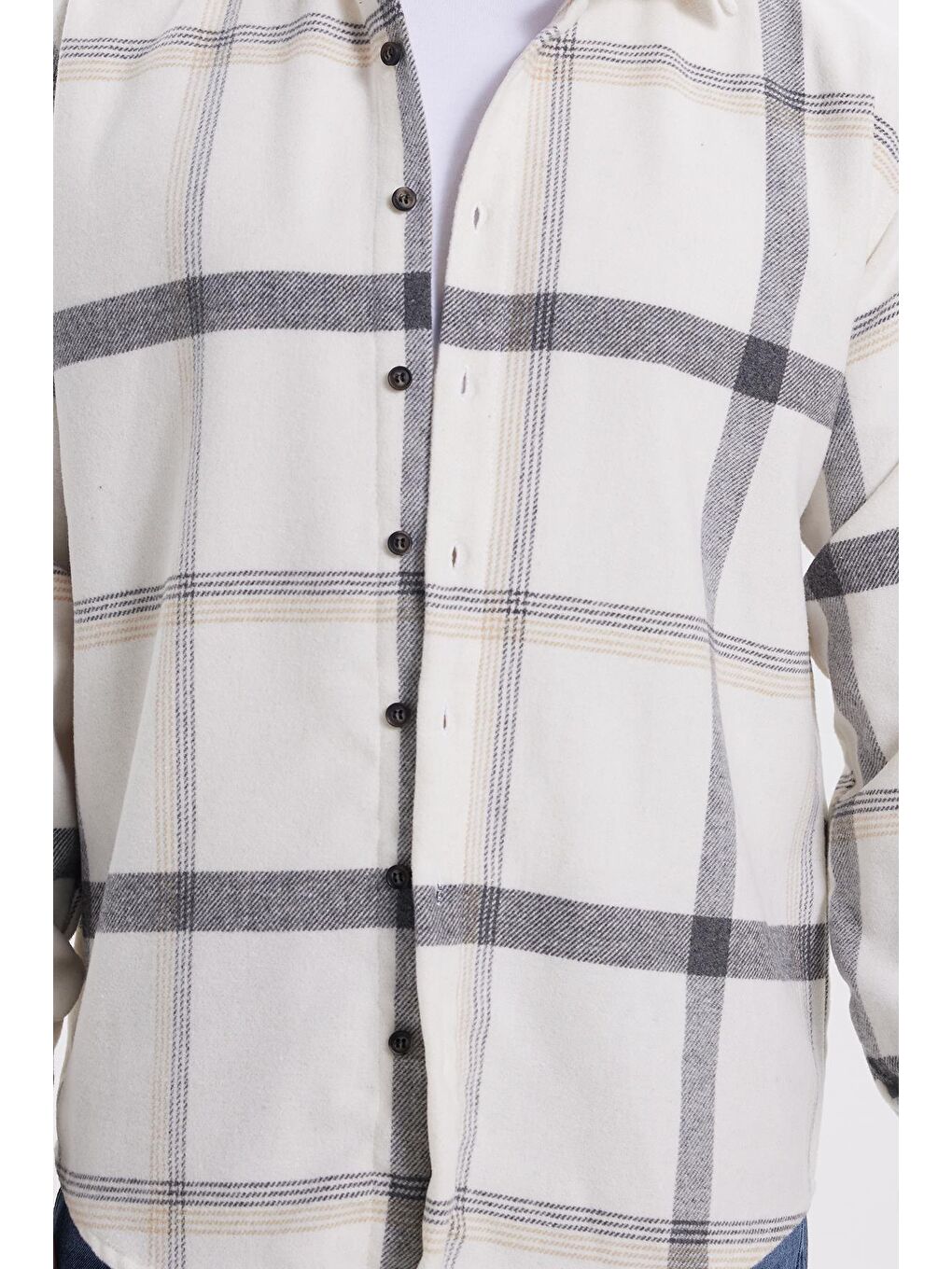 Ekru Erkek Relax Fit Rahat Kesim Kışlık Kareli Oduncu Gömlek-3