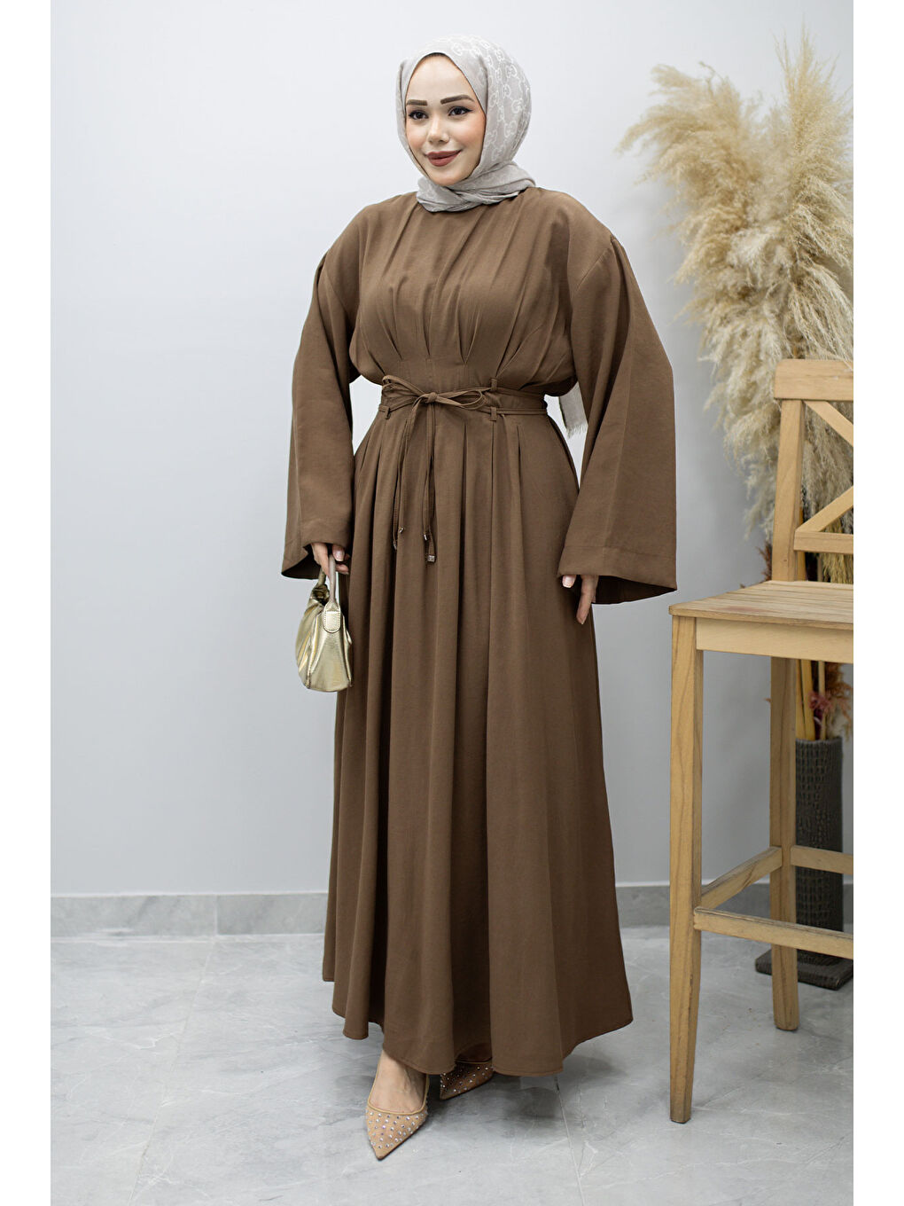 Çift Bağlamalı Pensli Elbise TSD260185 Kahverengi-4