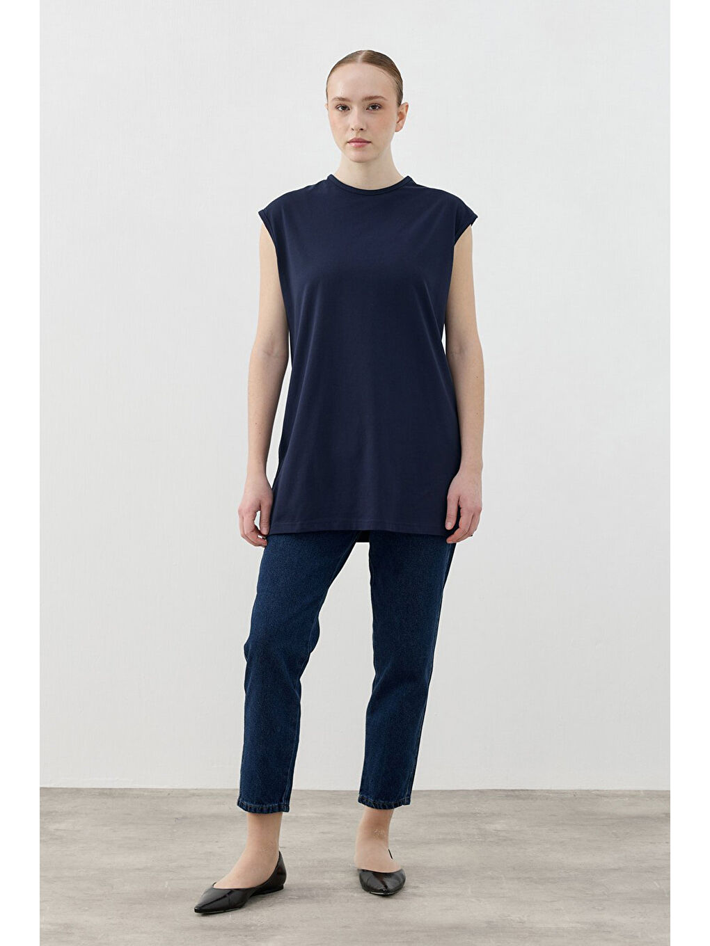 Sıfır Kol Basic Pamuklu Tişört 1810 Lacivert-3