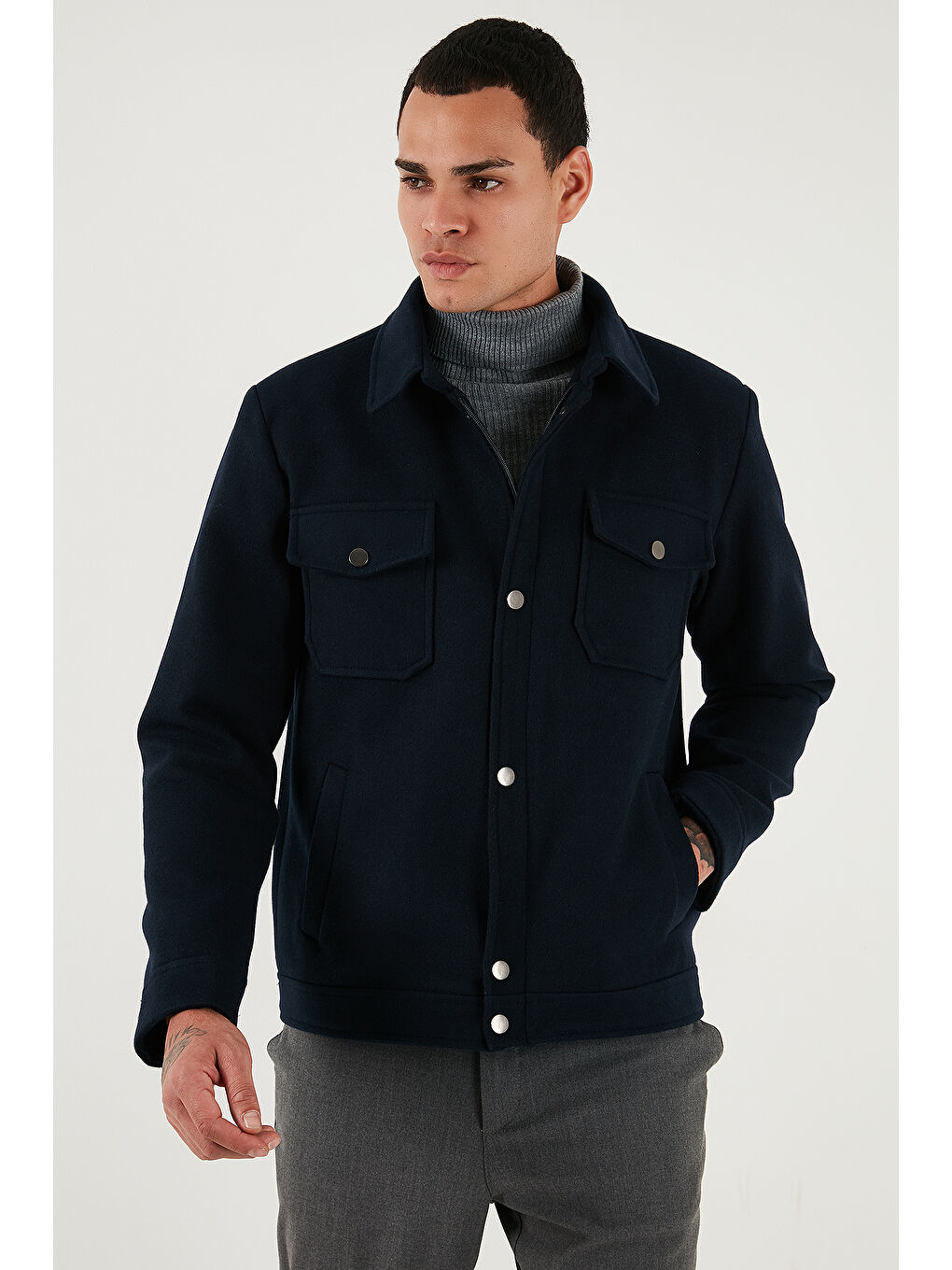 Lacivert Slim Fit Ceket Yaka Astarlı Kaşe Kaban 58400347-2