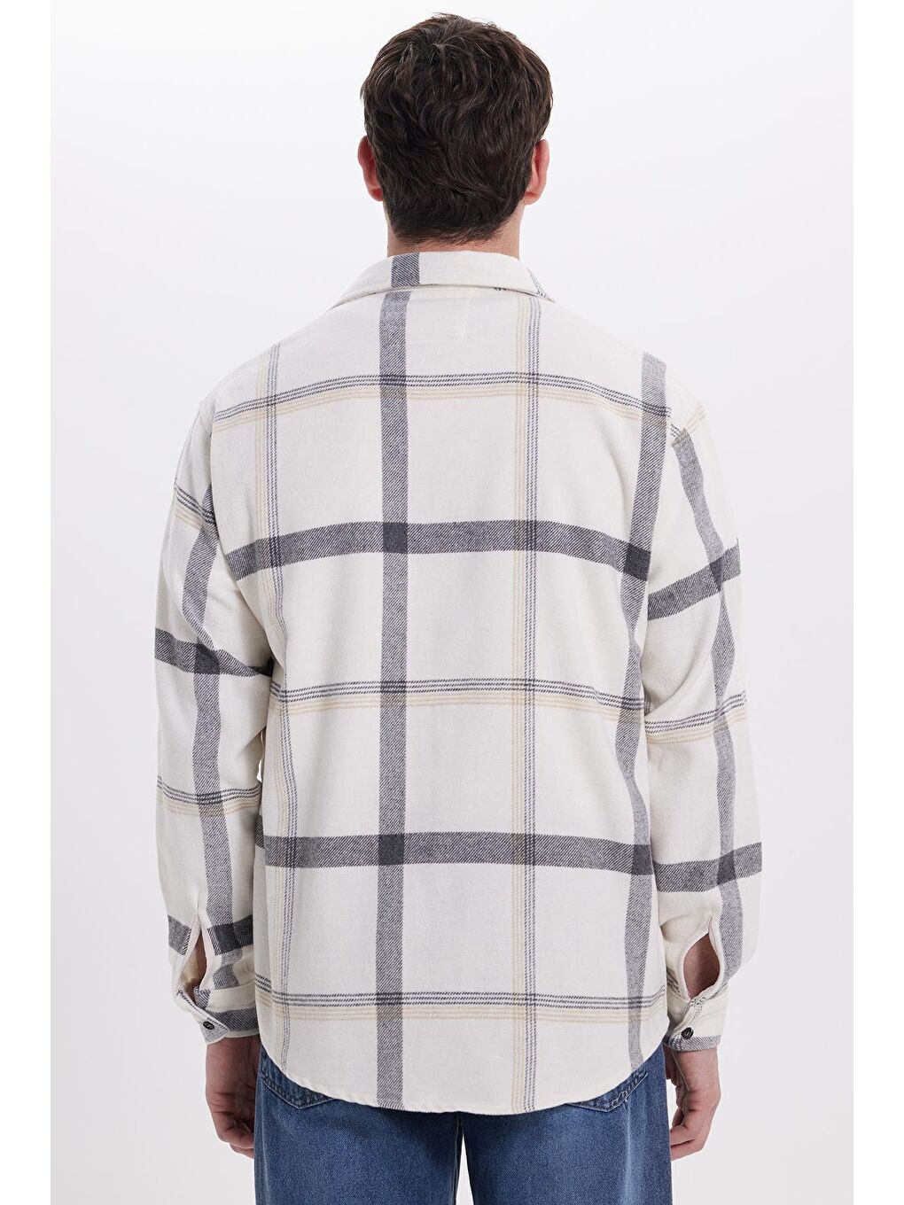 Ekru Erkek Relax Fit Rahat Kesim Kışlık Kareli Oduncu Gömlek-5