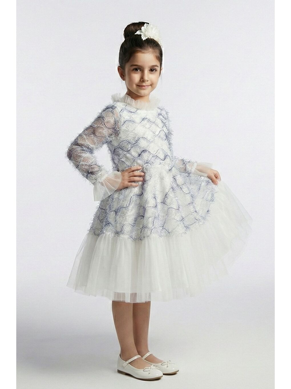 Lacivert Kız Çocuk İspanyol Kol Tül Detaylı Kabarık Etekli Özel Düğün Elbisesi M00793