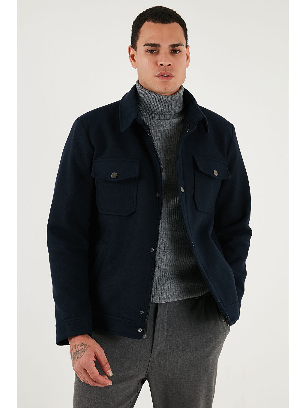 Lacivert Slim Fit Ceket Yaka Astarlı Kaşe Kaban 58400347-3