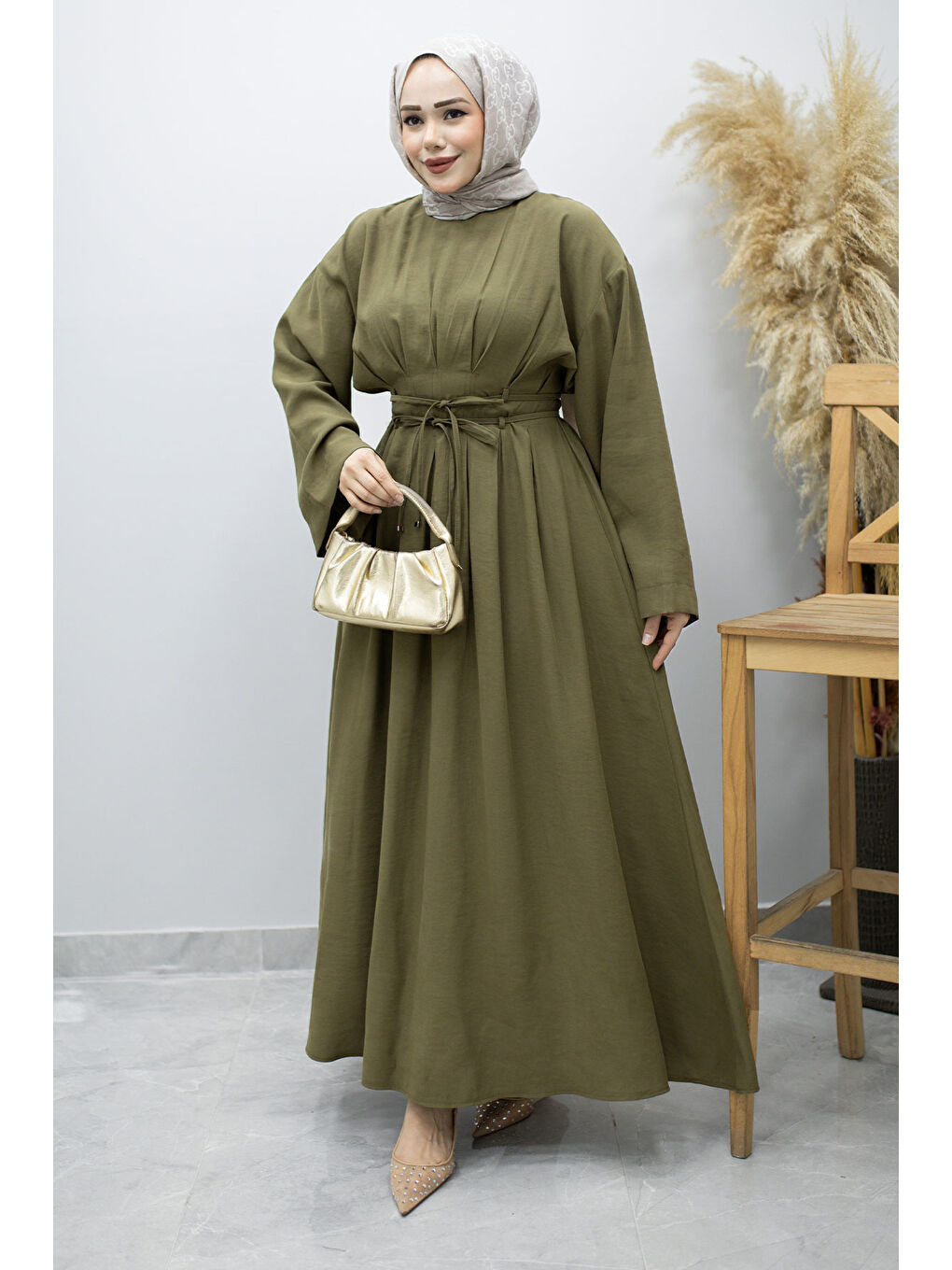 Çift Bağlamalı Pensli Elbise TSD260185 Haki