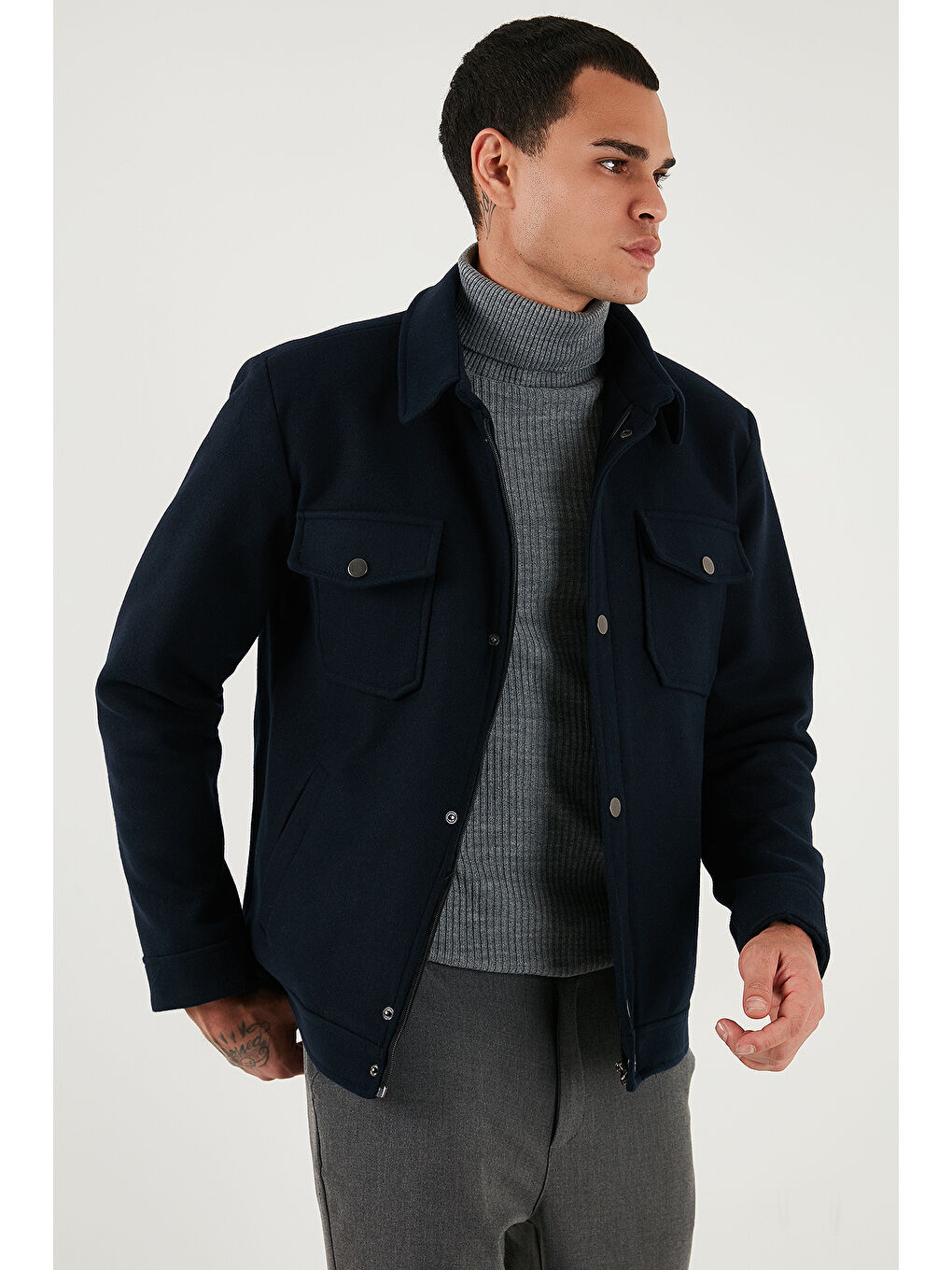 Lacivert Slim Fit Ceket Yaka Astarlı Kaşe Kaban 58400347-4