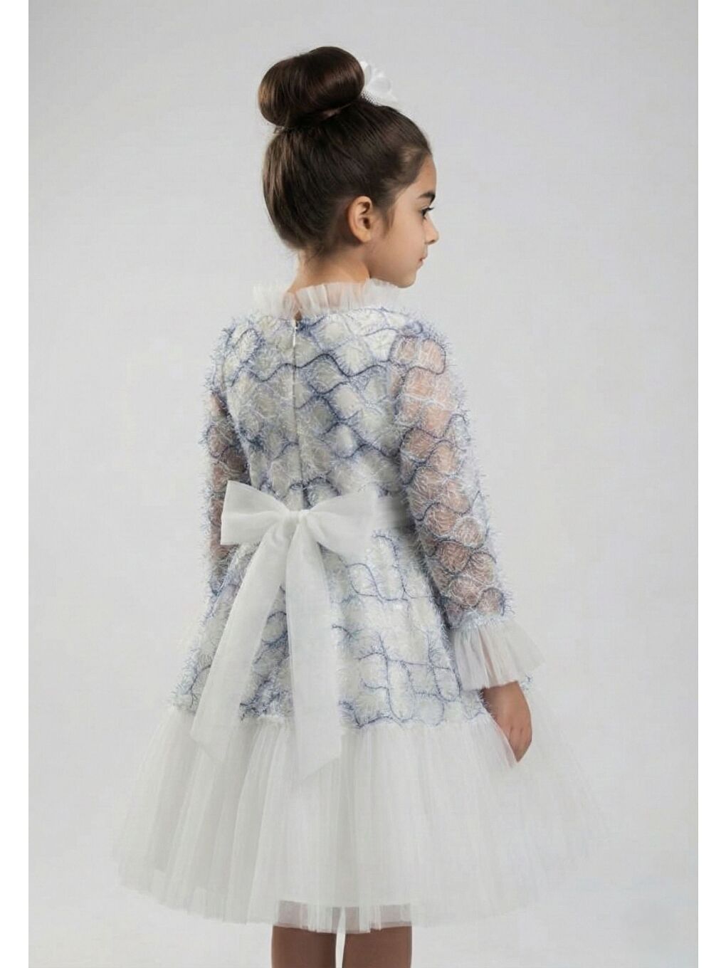 Lacivert Kız Çocuk İspanyol Kol Tül Detaylı Kabarık Etekli Özel Düğün Elbisesi M00793-1