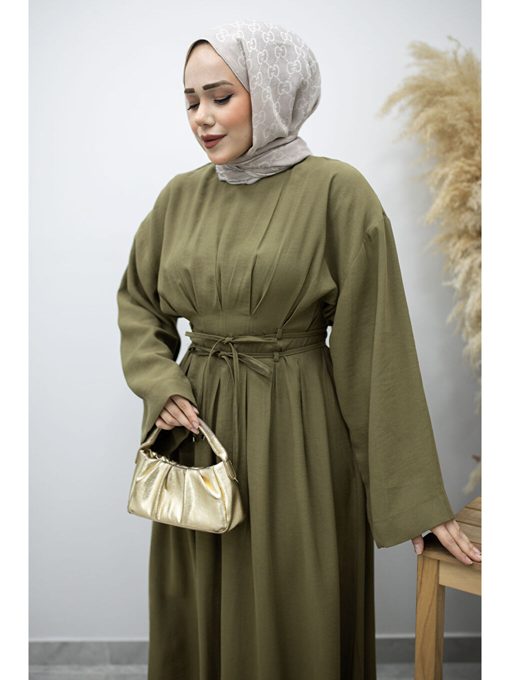 Çift Bağlamalı Pensli Elbise TSD260185 Haki-1