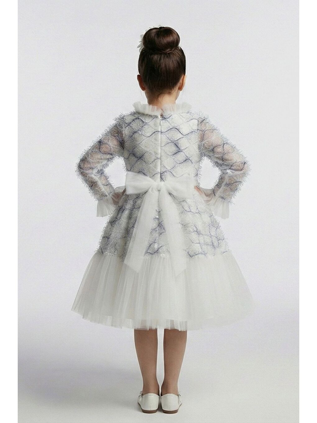 Lacivert Kız Çocuk İspanyol Kol Tül Detaylı Kabarık Etekli Özel Düğün Elbisesi M00793-2