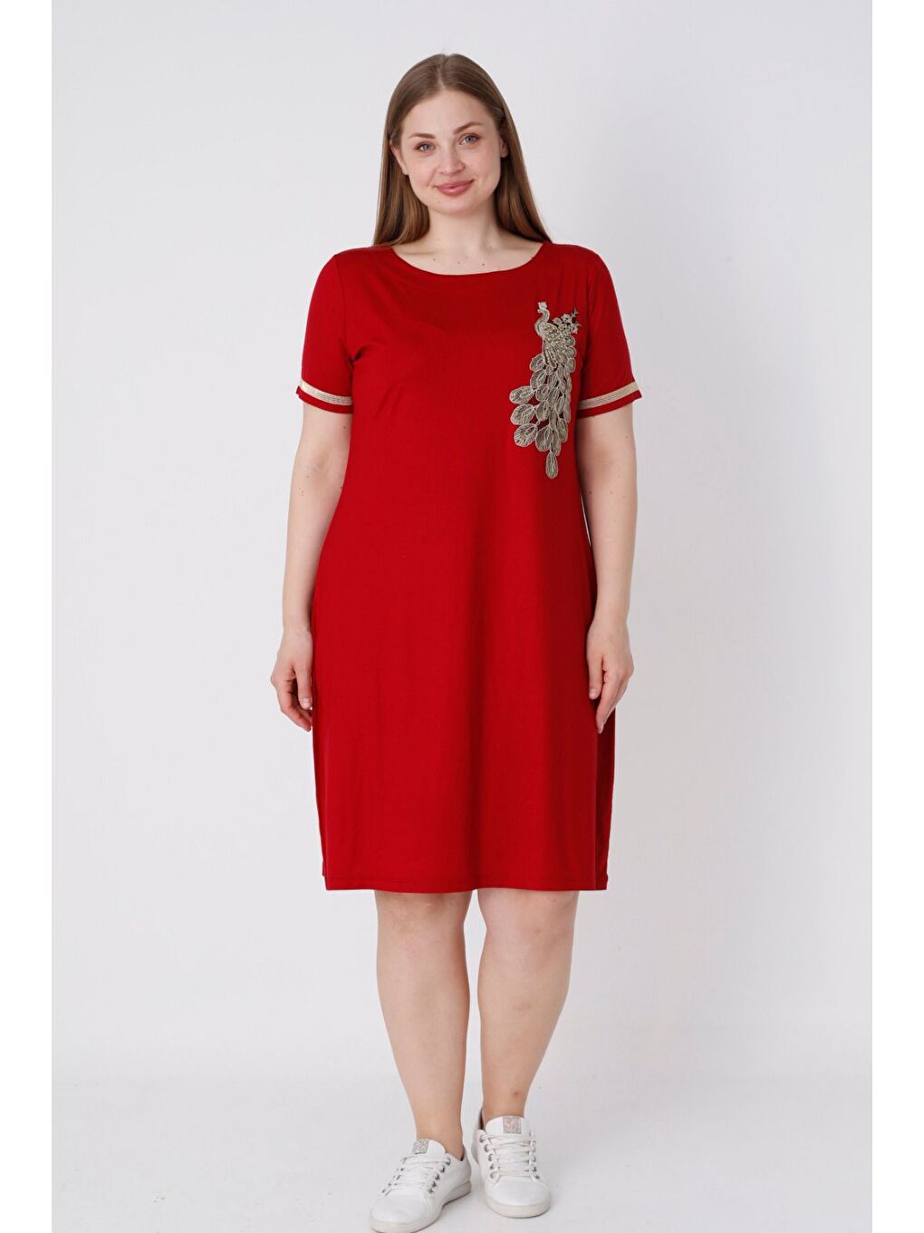 Kadın Bordo Büyük Beden Kısa Kollu Nakış Detaylı Elbise-1