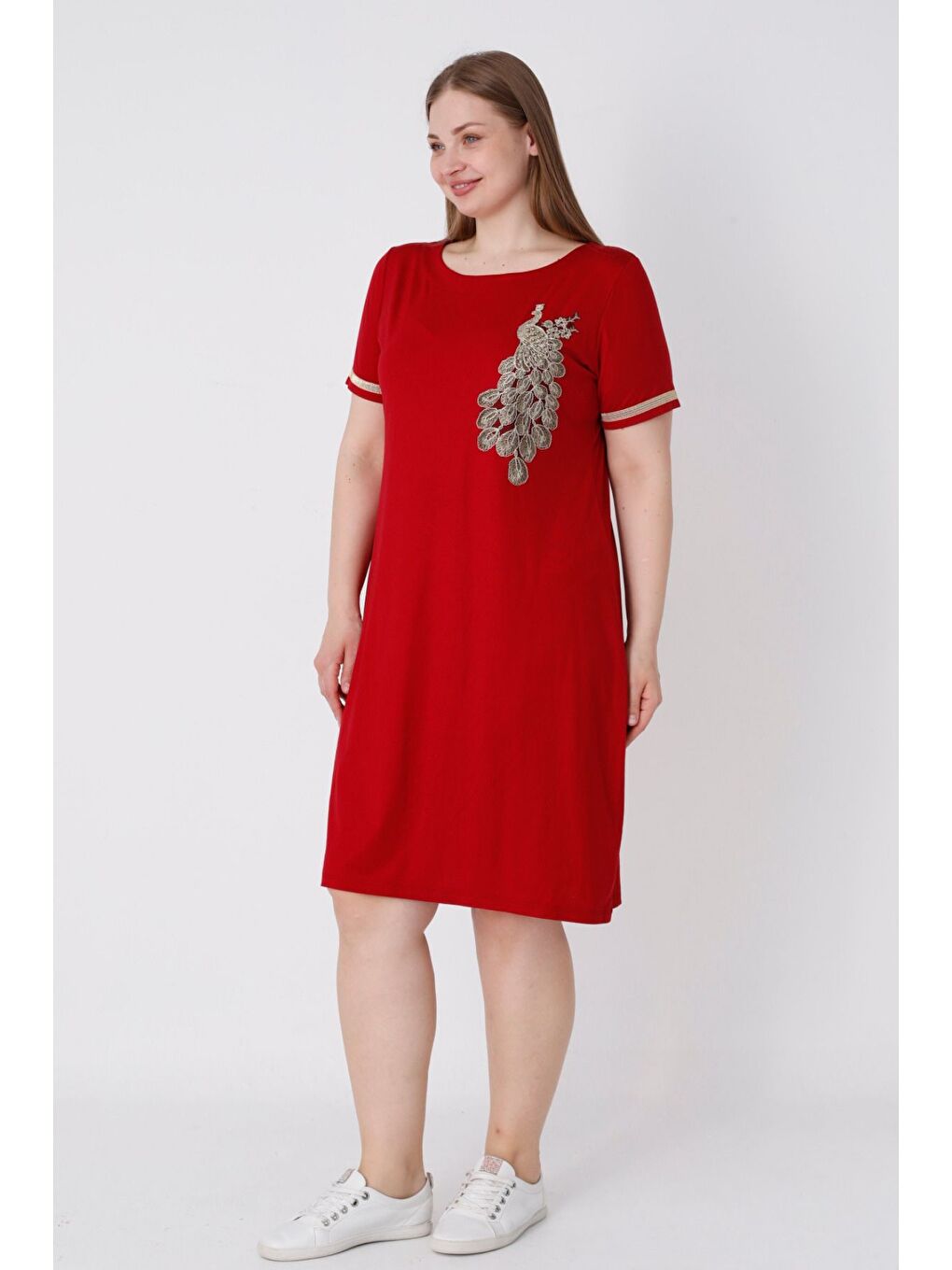 Kadın Bordo Büyük Beden Kısa Kollu Nakış Detaylı Elbise-2