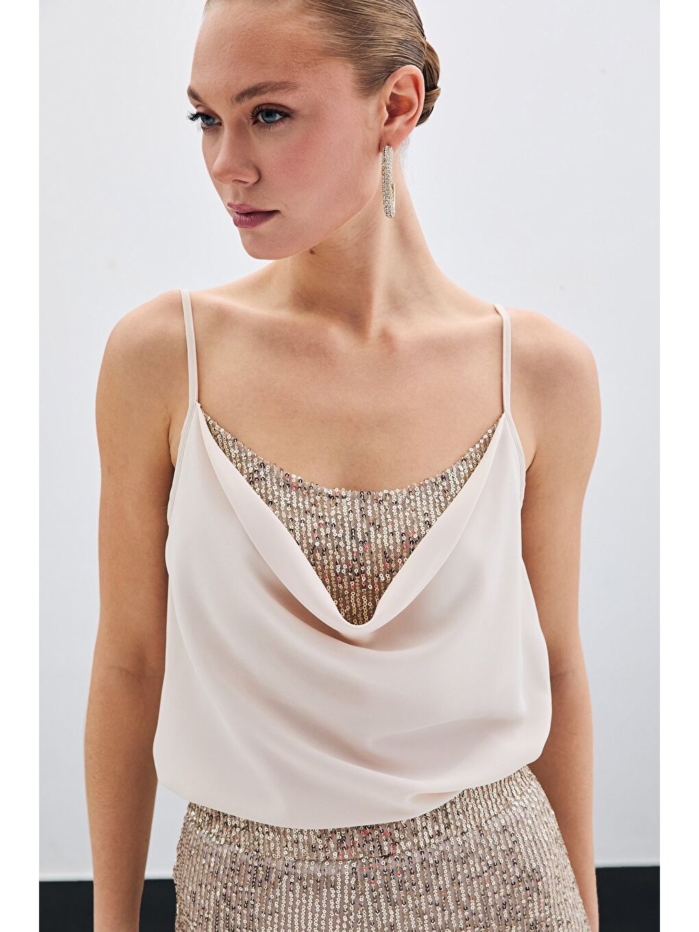 SATEEN Degaje Yaka Bluz - Bej - 3