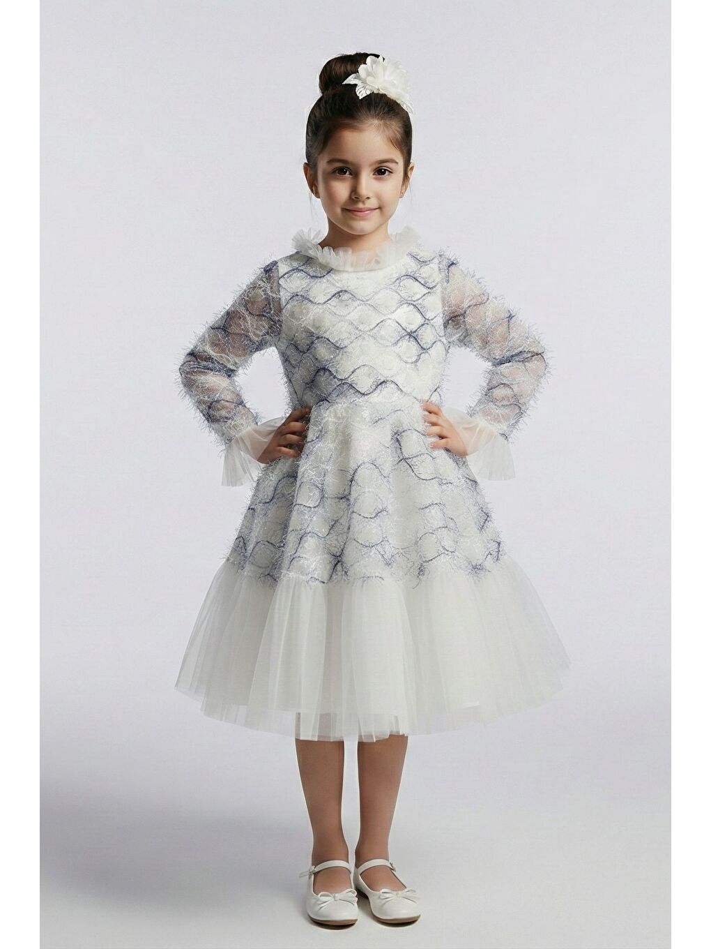 Lacivert Kız Çocuk İspanyol Kol Tül Detaylı Kabarık Etekli Özel Düğün Elbisesi M00793-3