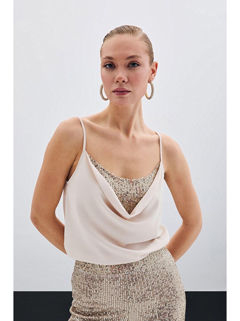 SATEEN Degaje Yaka Bluz - Bej - 4