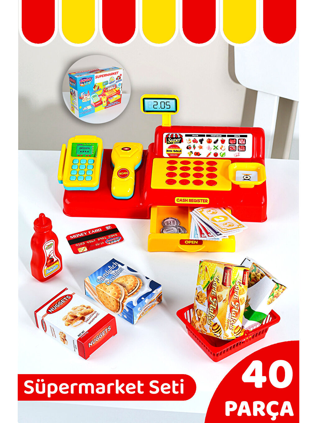 40 Parça Yazar Kasa Alışveriş Seti - Aksesuarlı Market Seti Eğitici Öğretici Oyuncak