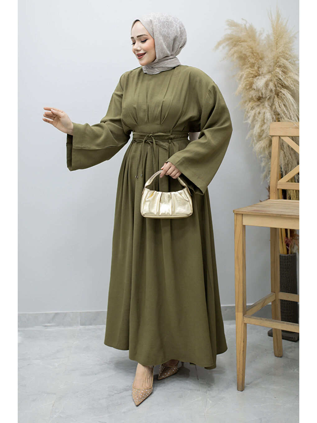 Çift Bağlamalı Pensli Elbise TSD260185 Haki-2