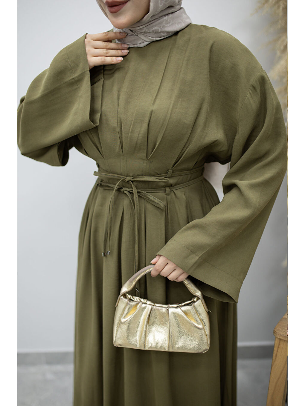 Çift Bağlamalı Pensli Elbise TSD260185 Haki-3