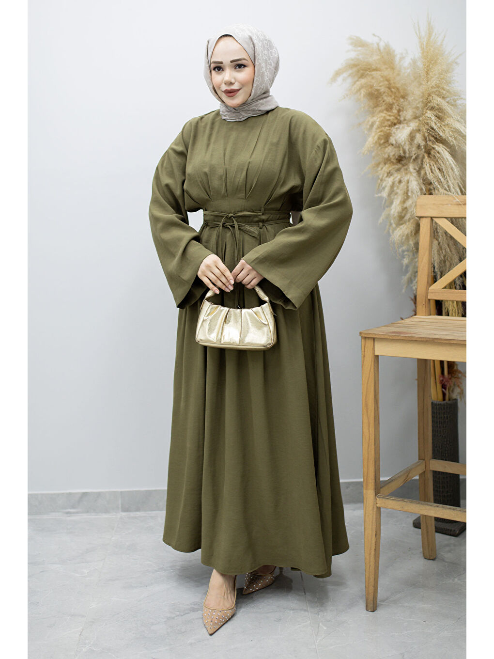 Çift Bağlamalı Pensli Elbise TSD260185 Haki-4