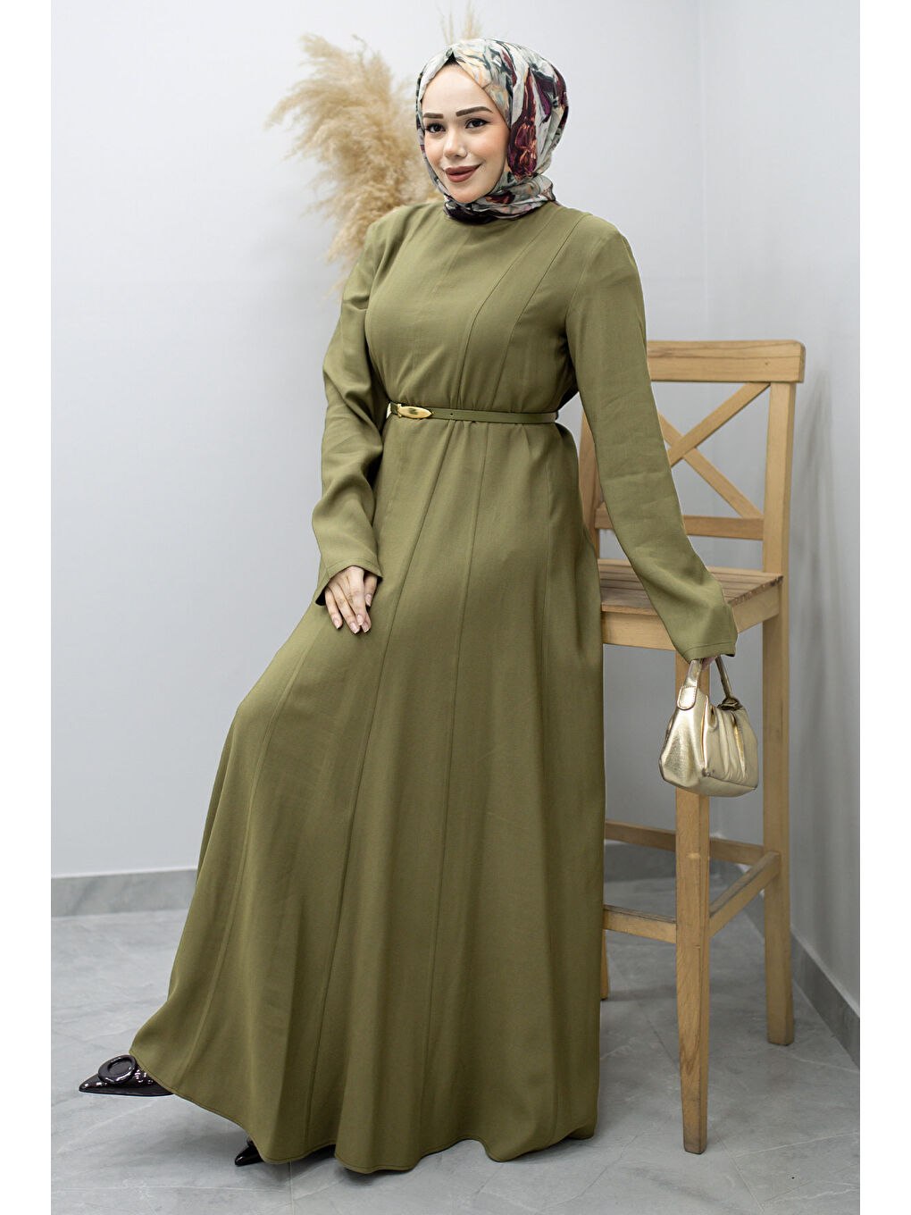 Pensli Hakim Yaka Kemerli Elbise TSD260184 Haki