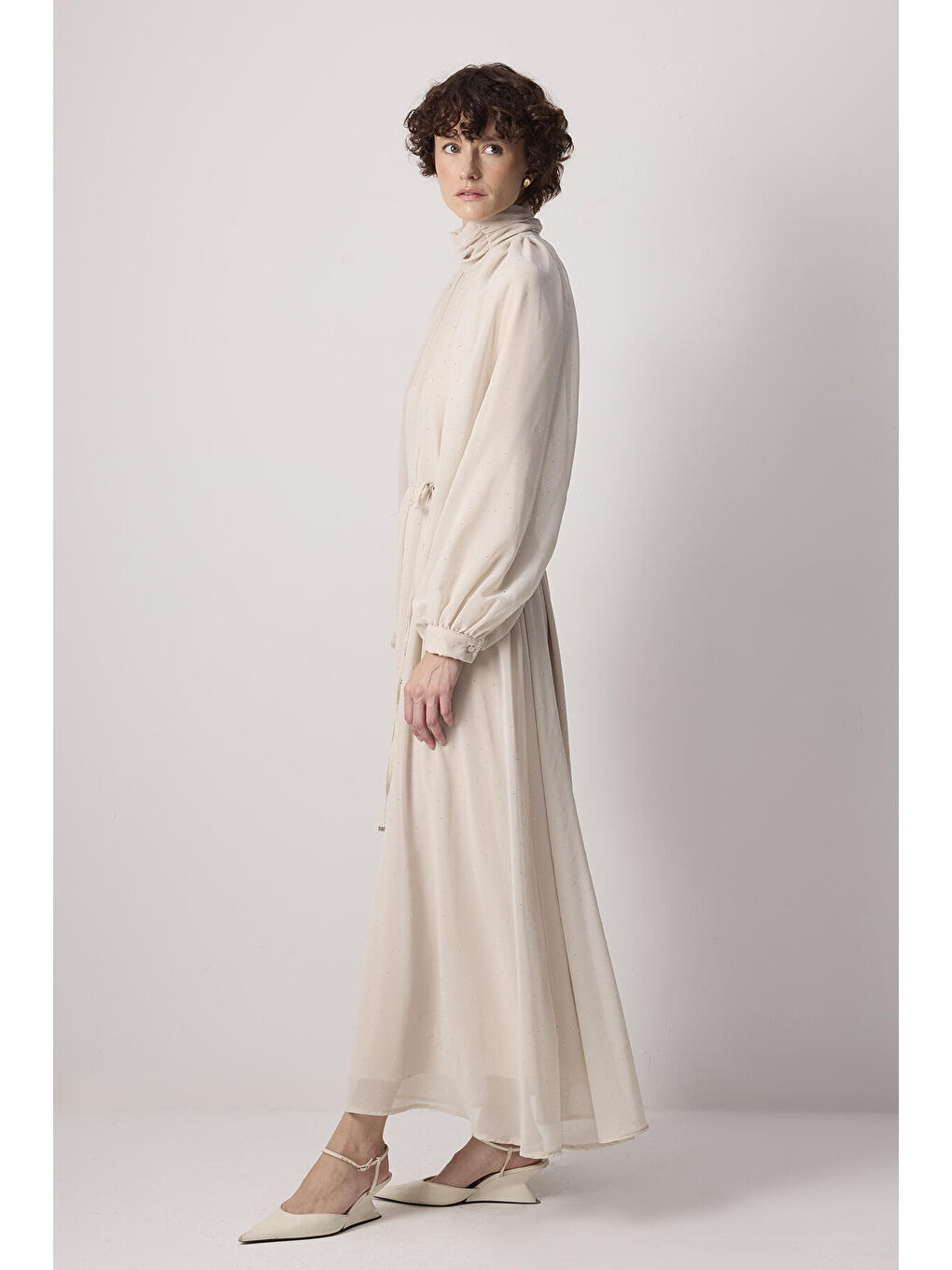 Bej Taş İşlemeli Balon Kol Elbise-2