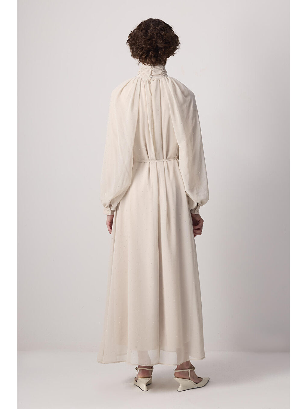 Bej Taş İşlemeli Balon Kol Elbise-3