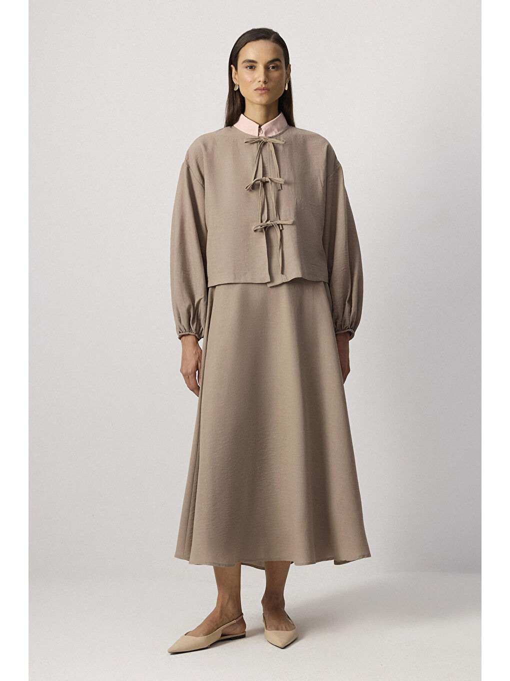 Bej Önden Bağlamalı Ceket Etek Takım