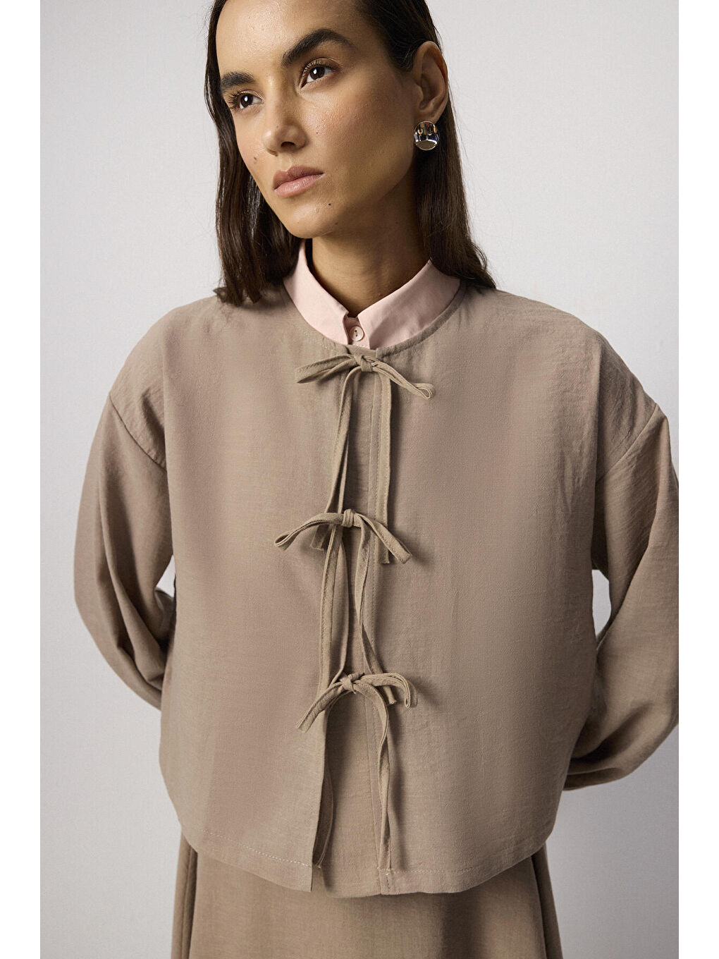 Bej Önden Bağlamalı Ceket Etek Takım-2