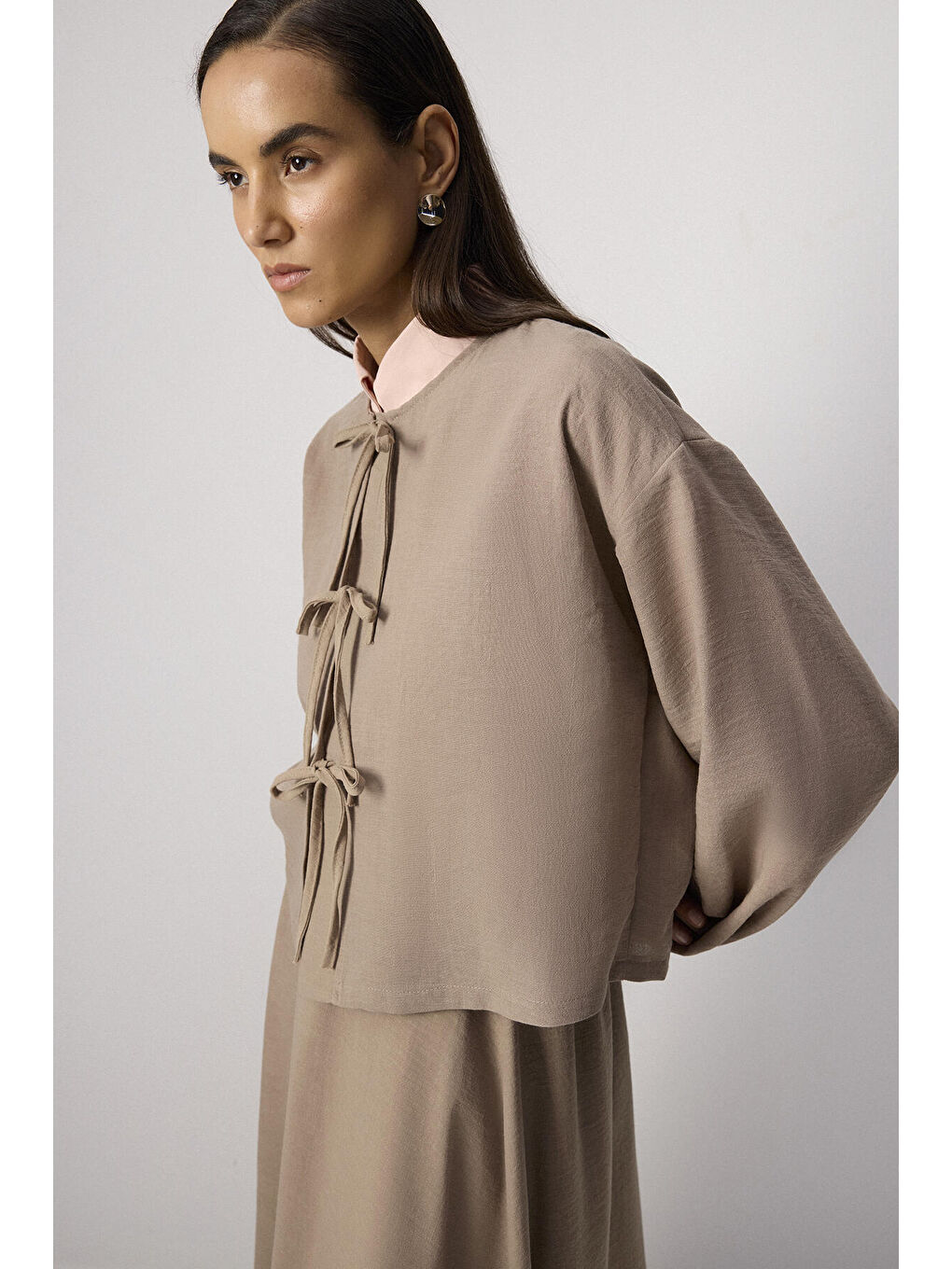 Bej Önden Bağlamalı Ceket Etek Takım-3