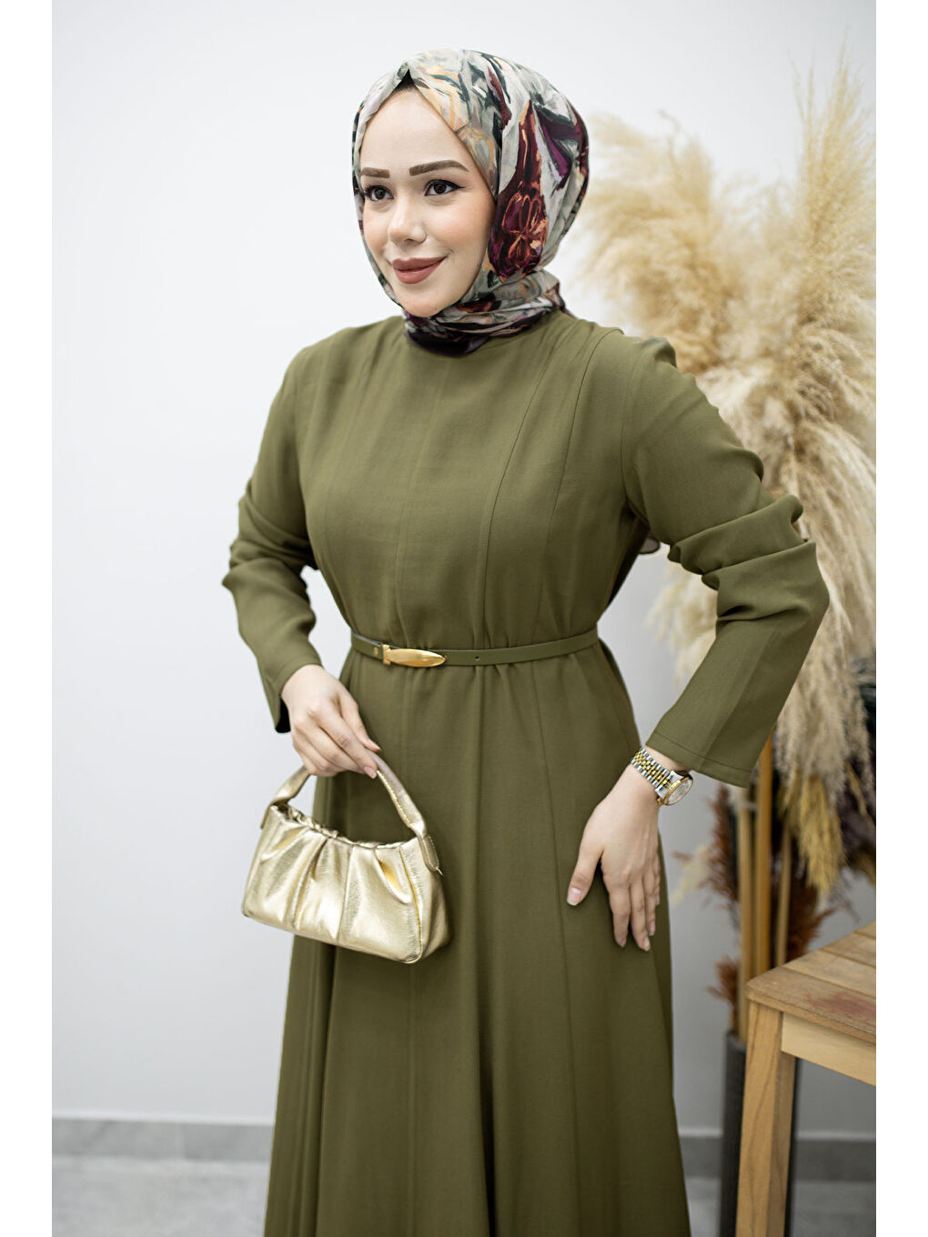 Pensli Hakim Yaka Kemerli Elbise TSD260184 Haki-1